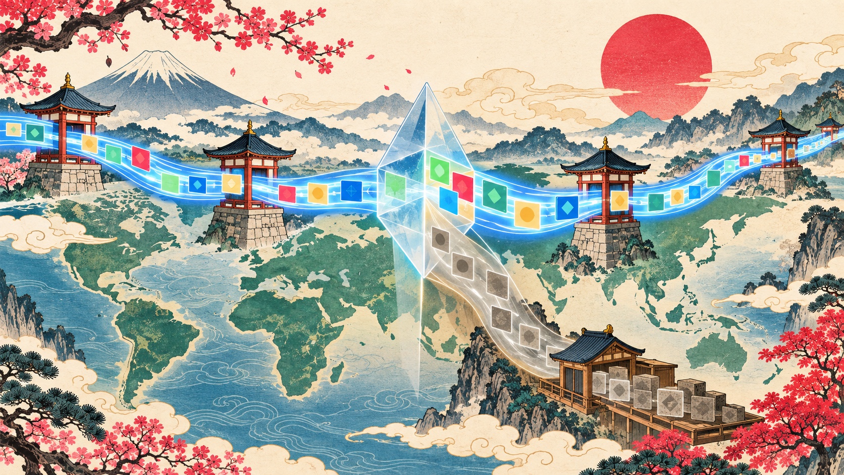 Fresh and faded data tiles travel through proxy relays across a global internet map and separate at a validation prism