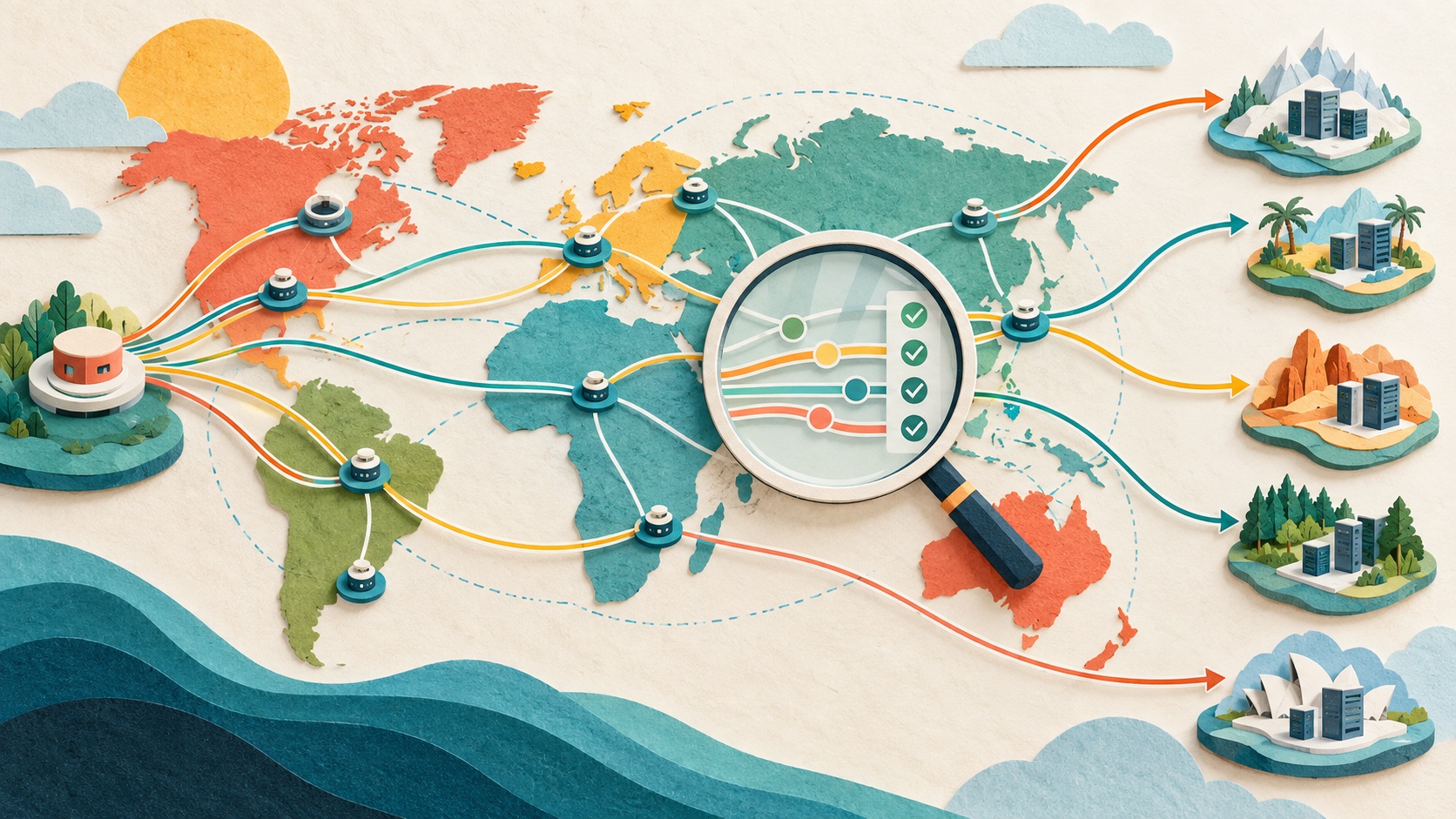 Global internet routes pass through proxy and resolver hubs while alternative service endpoints are checked through a large inspection lens