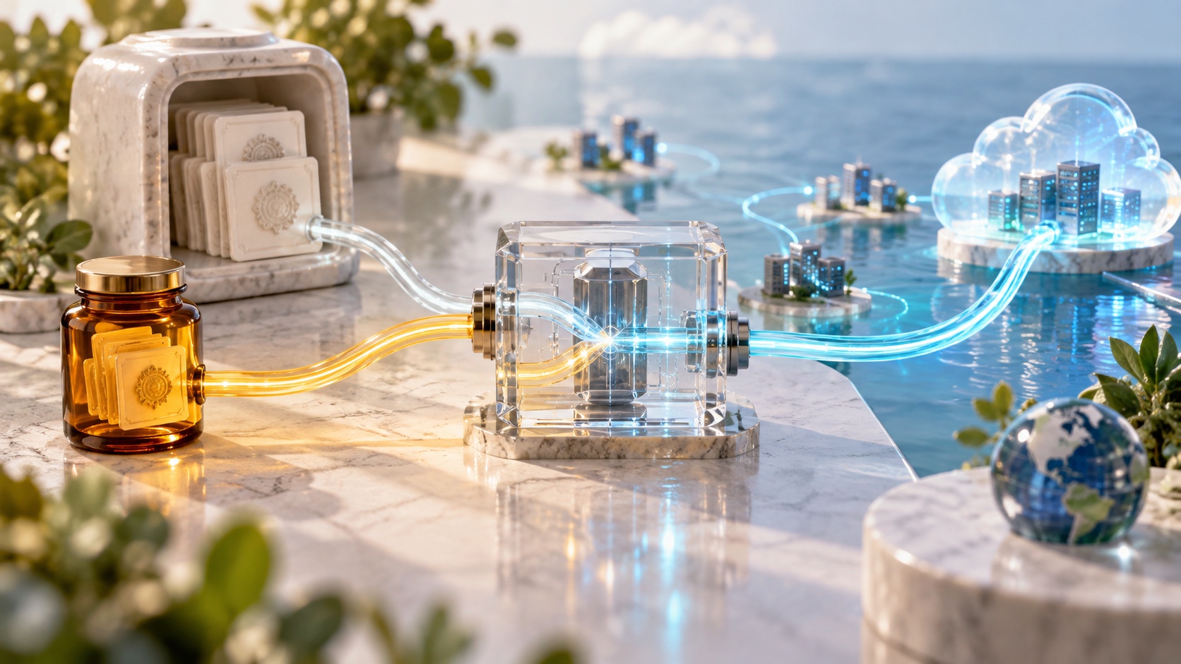 Two certificate trust paths enter a transparent HTTPS proxy gateway and continue through a bright global fiber-optic network