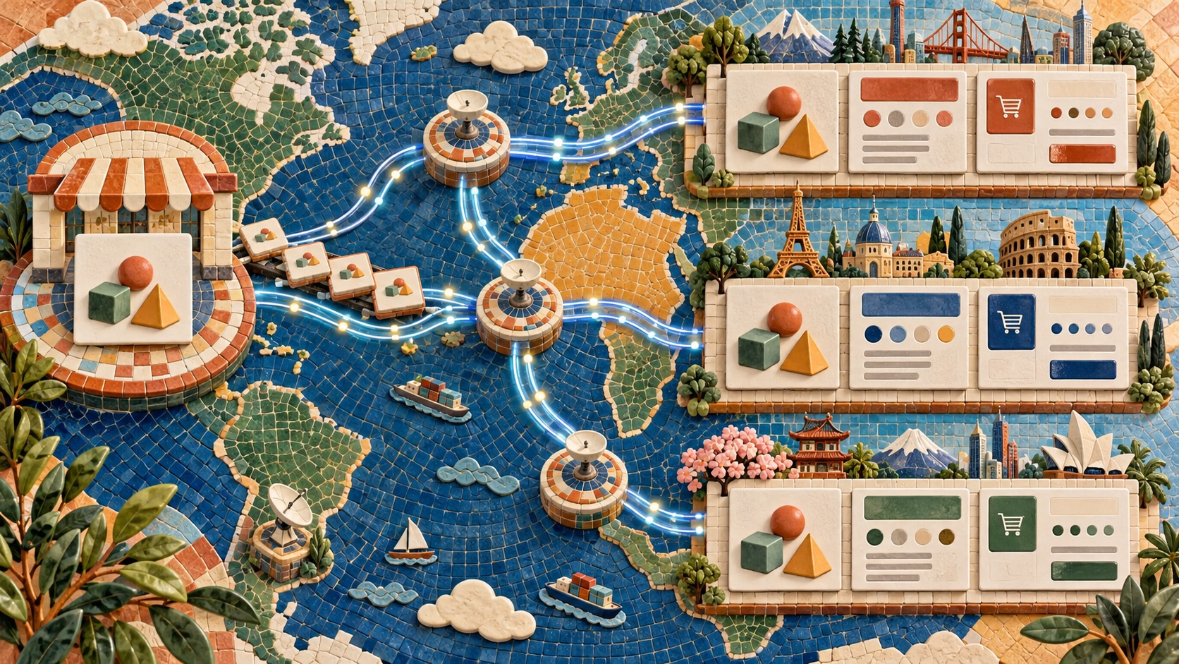 Regional internet proxy routes carry identical storefront tiles into organized validation stations across a colorful global network