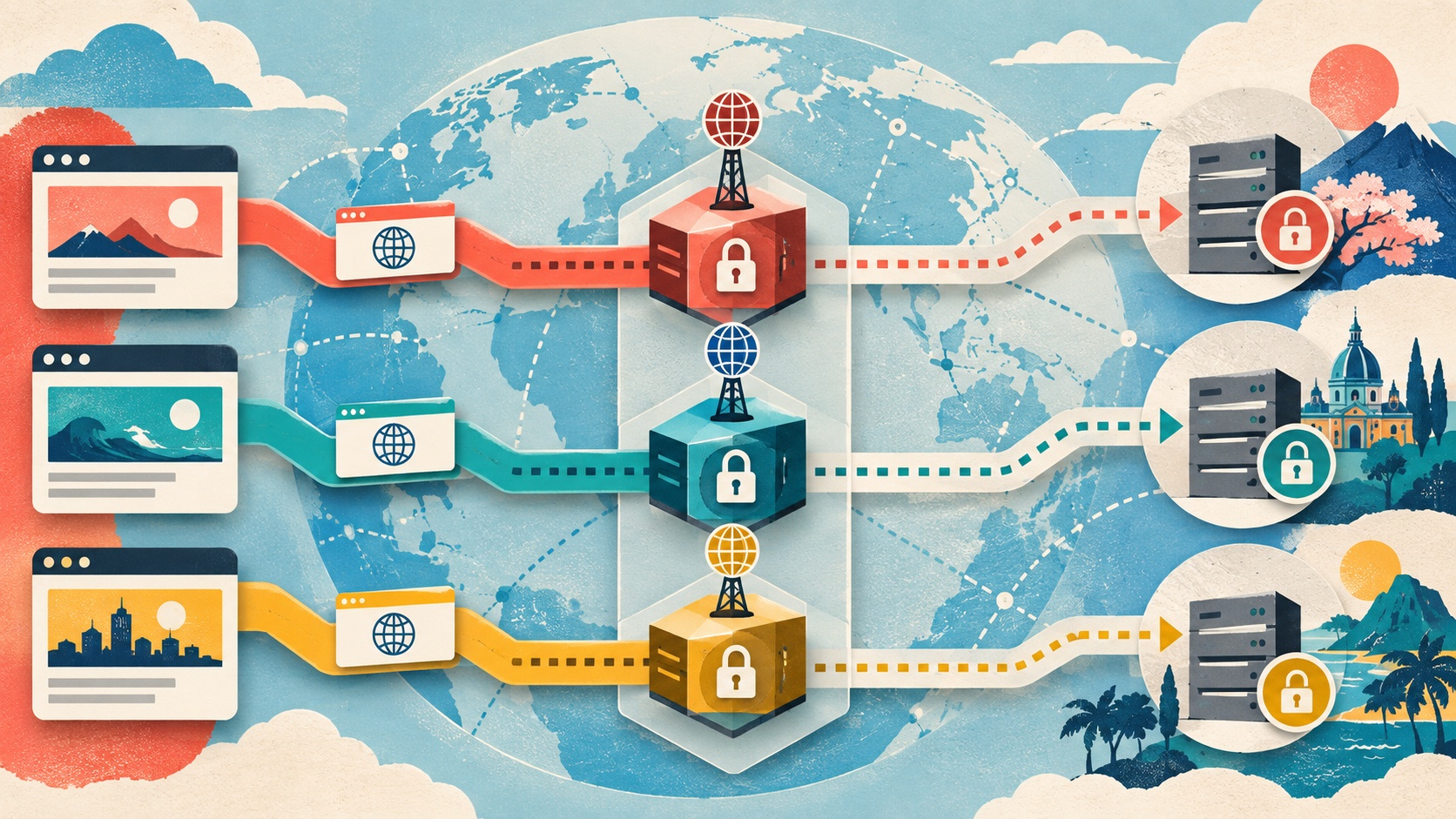 Browser requests move through clearly separated regional proxy gateways toward authenticated origin servers across a bright global internet network