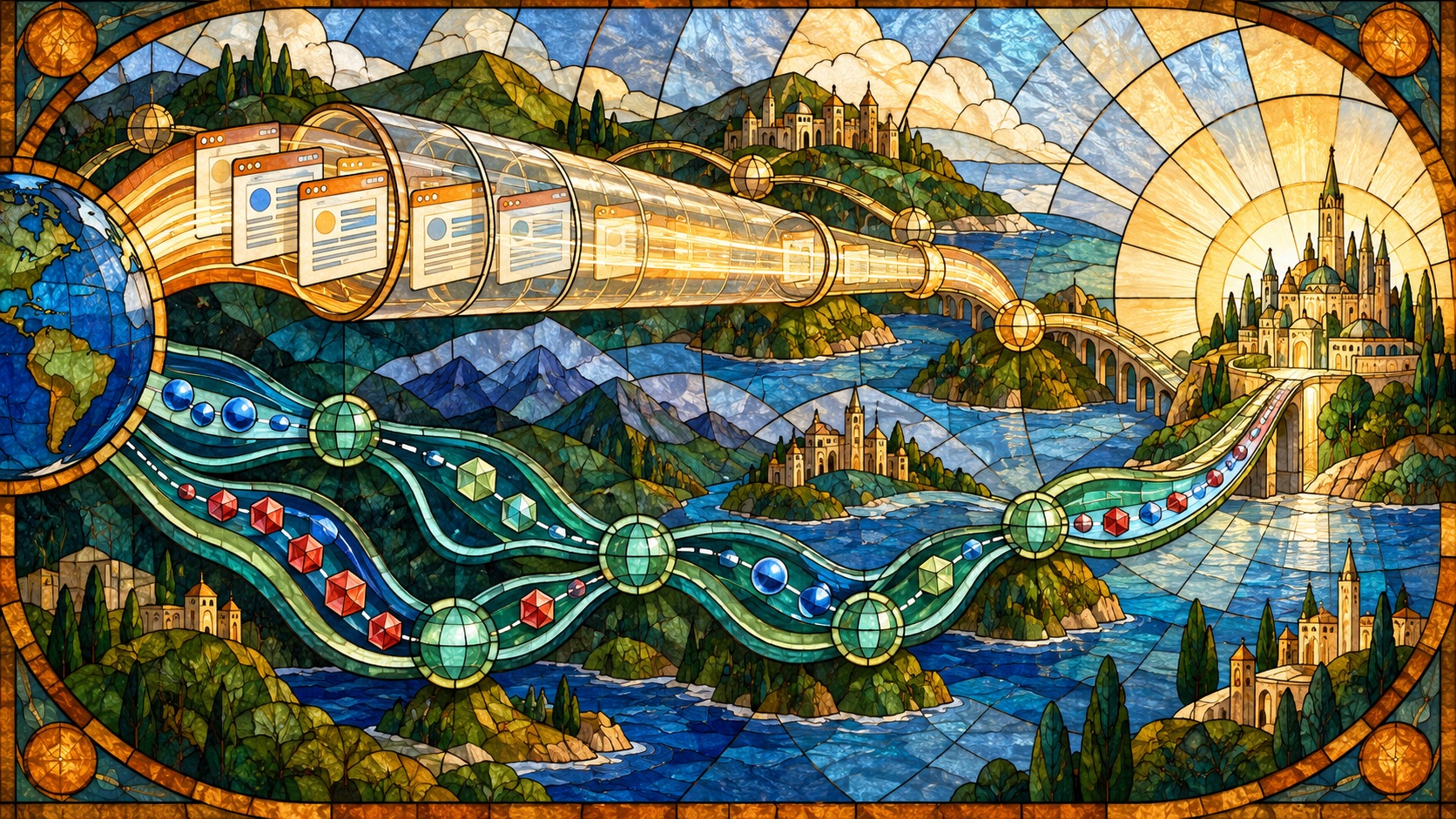 HTTP tunnel and flexible socket routes cross a luminous global internet mosaic toward the same authorized destination