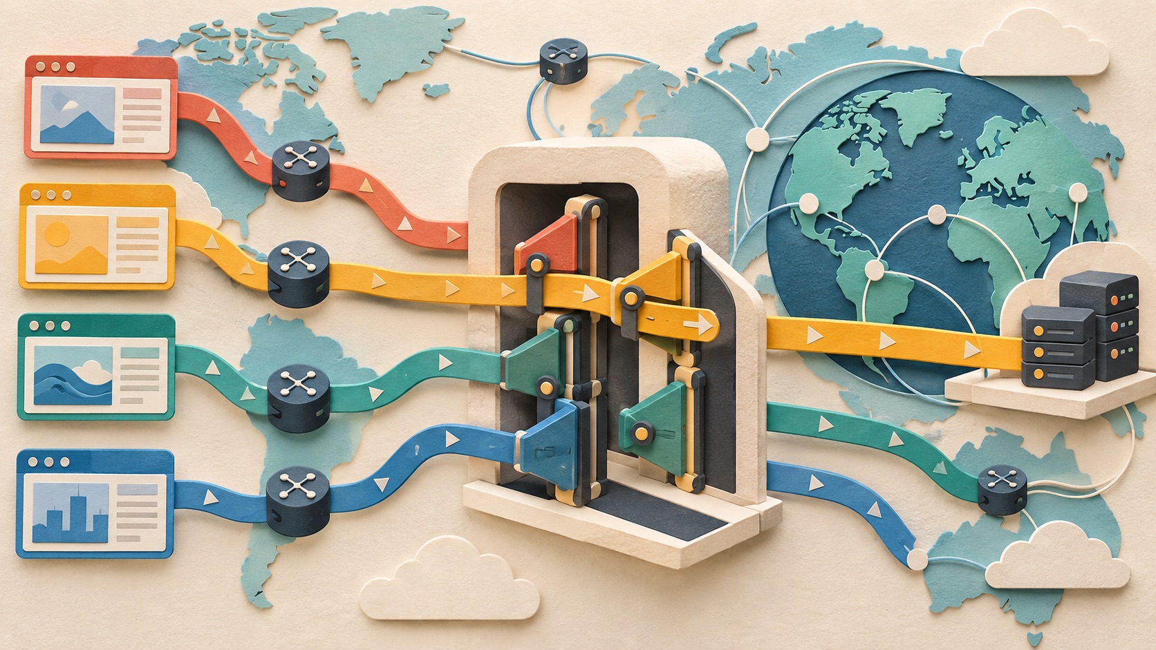 Parallel browser routes pass through a carefully coordinated shared proxy gateway in a warm paper-cut global internet laboratory