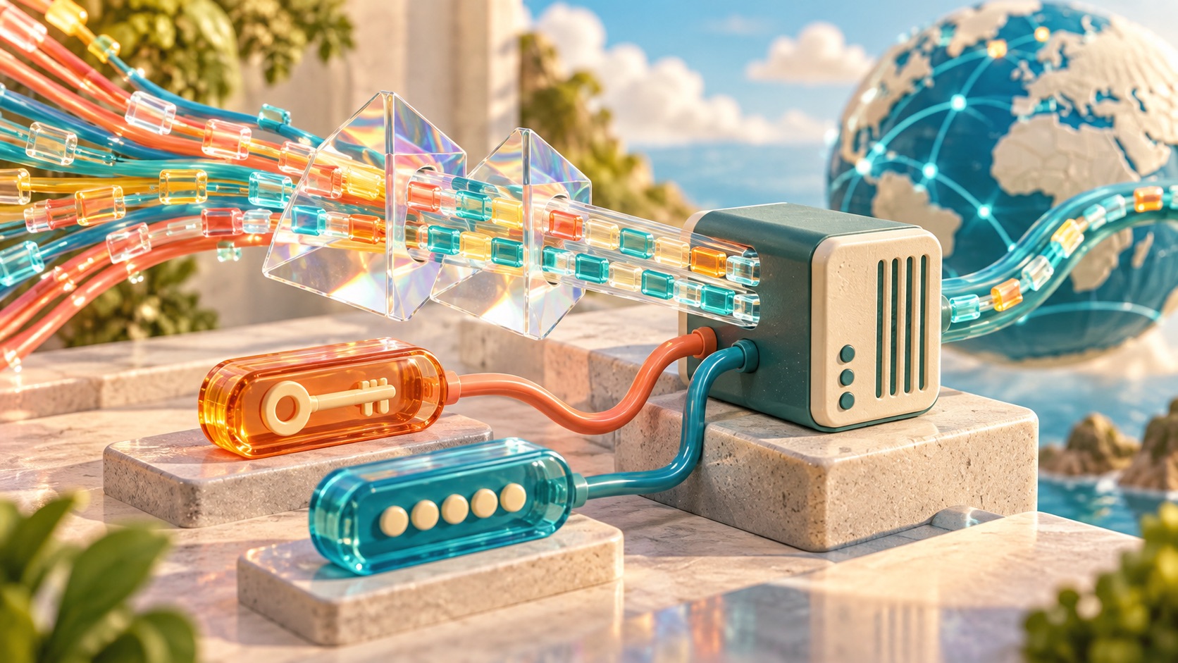Colorful internet traffic passes through transparent encoding prisms into a clean proxy gateway with separated credential capsules