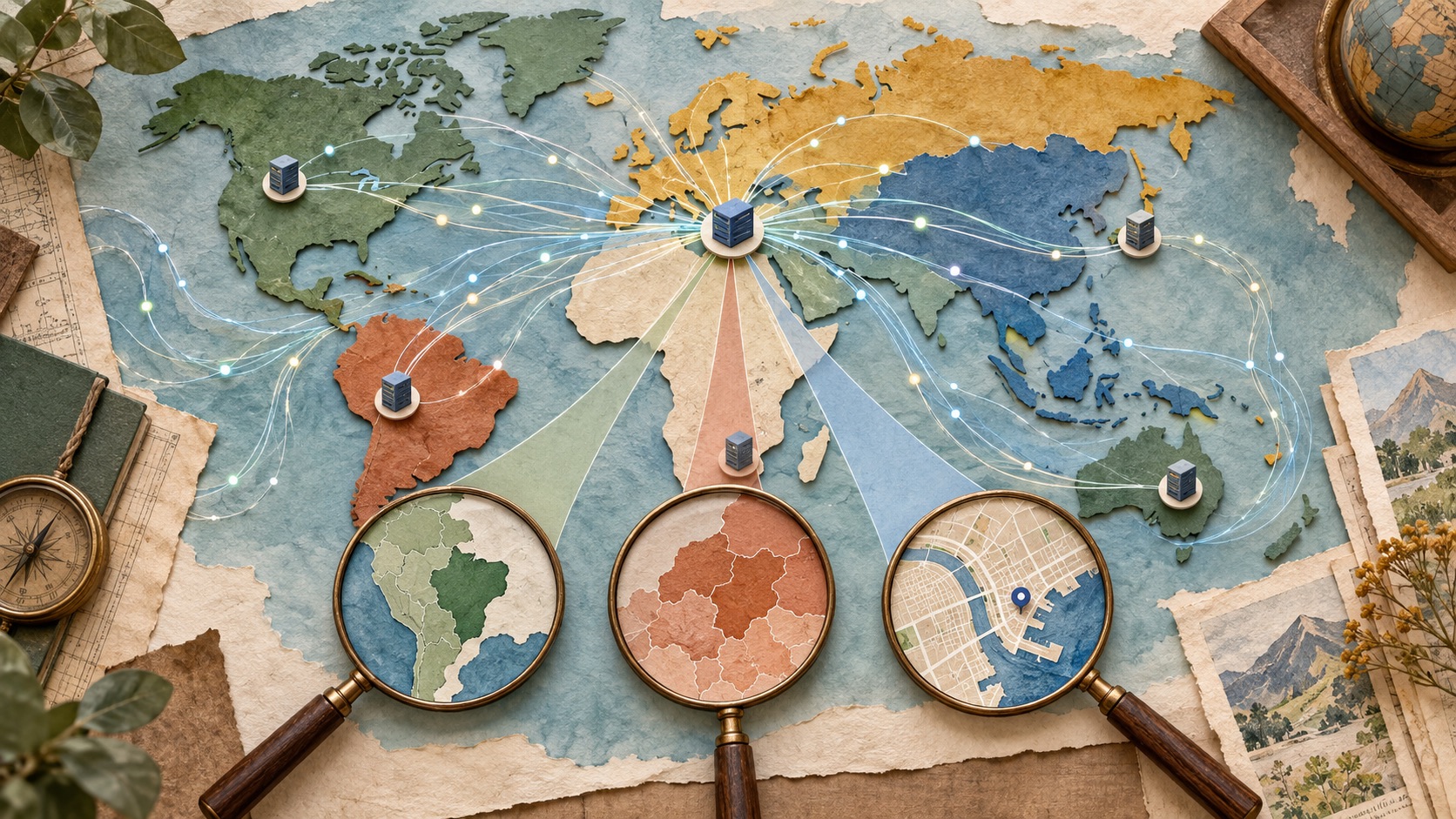 A layered paper world map shows internet routes and three independent geographic evidence lenses around proxy exits