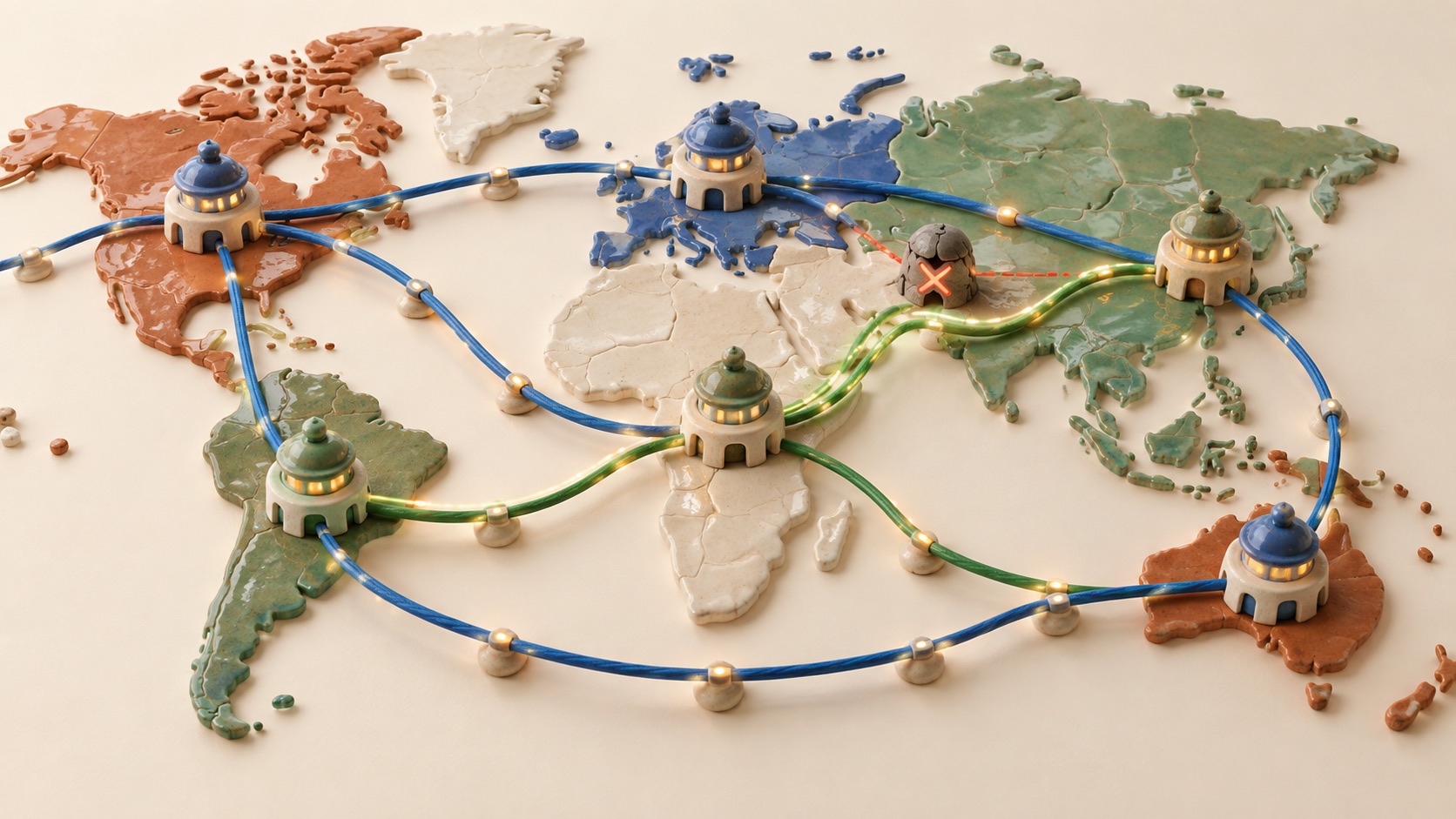 A bright ceramic world network reroutes internet traffic around one unavailable junction while regional gateways stay connected