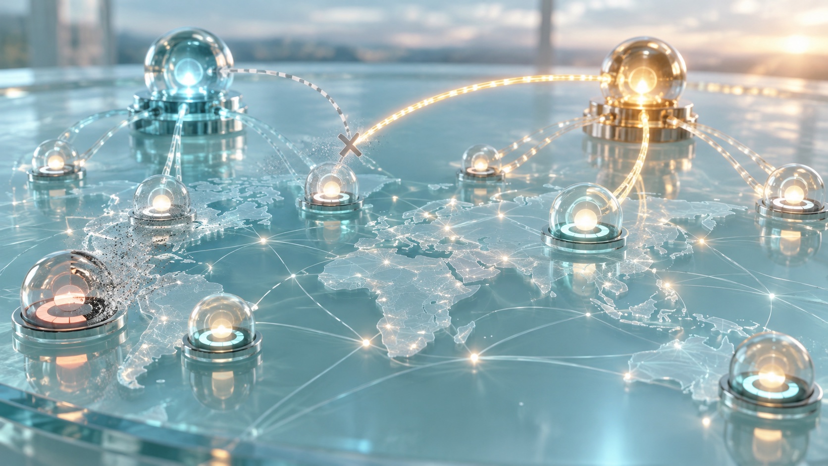 Internet routing nodes showing DNS cache expiry and a healthy proxy failover path