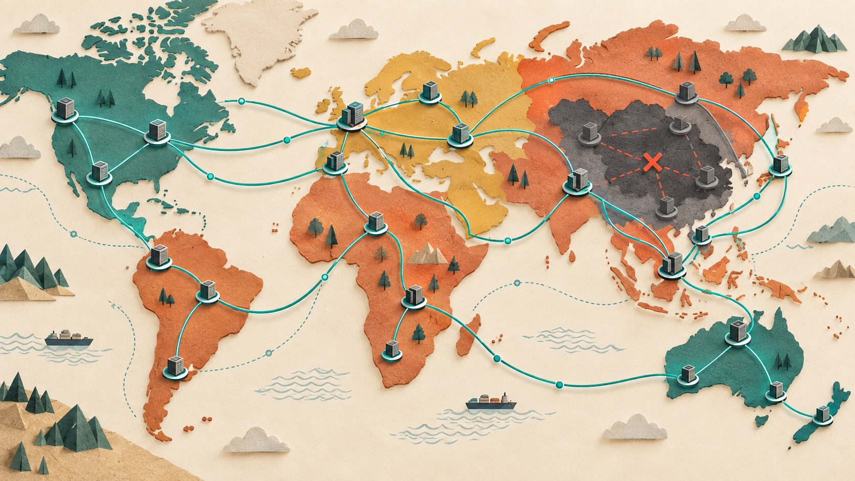 Paper-cut world map showing an Internet outage region and healthy alternate proxy routes