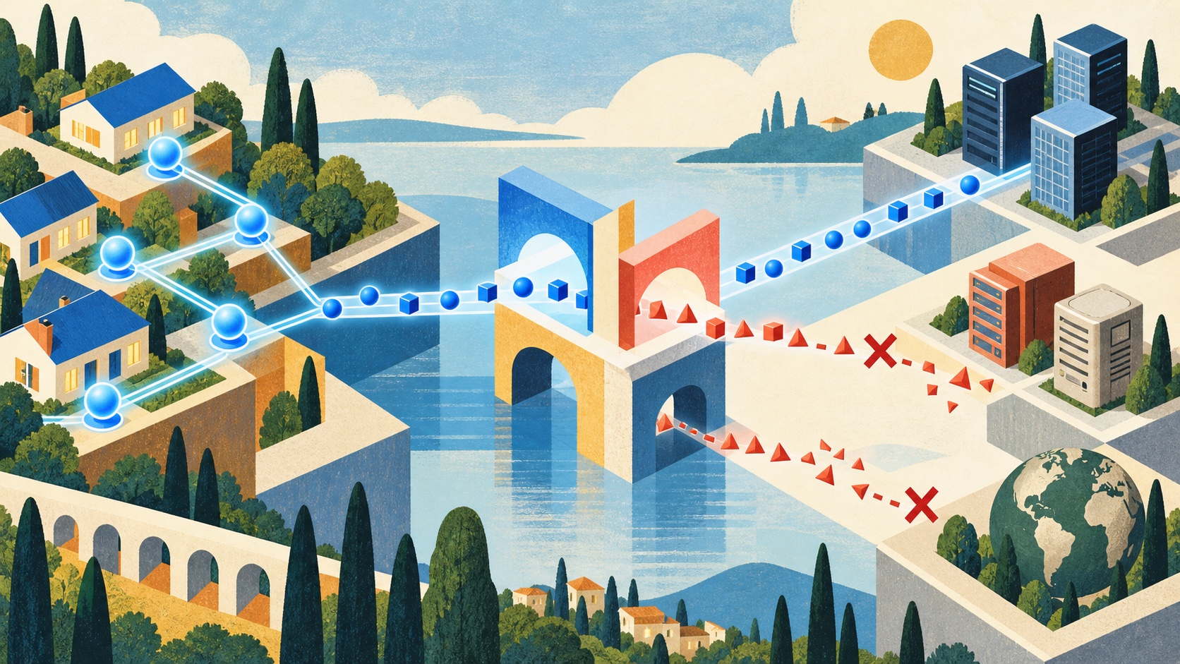 Gouache Internet landscape with an IPv6 network crossing a translation bridge to mixed destinations