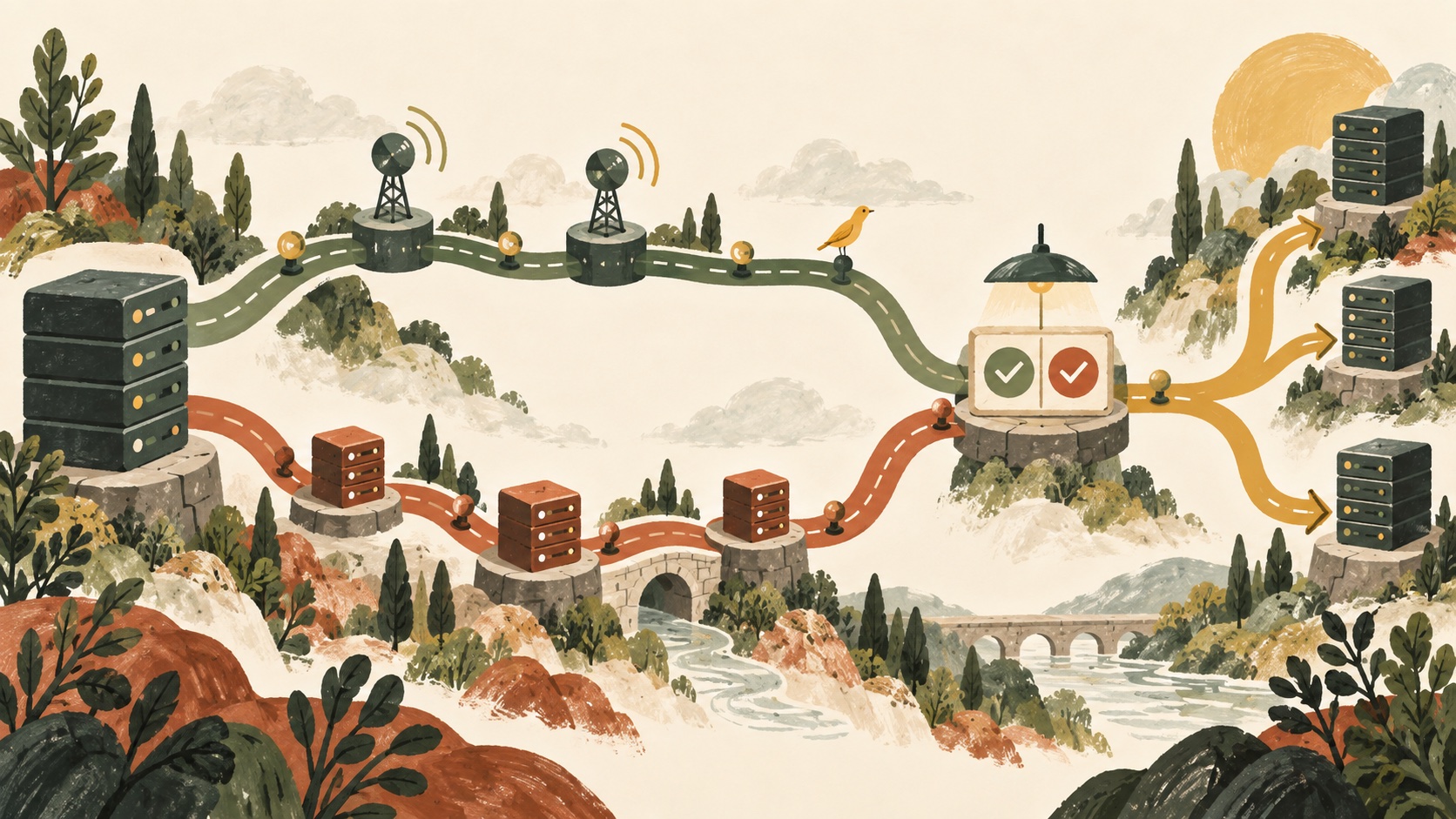 Hand-painted Internet routes comparing direct and proxy paths through controlled checkpoints