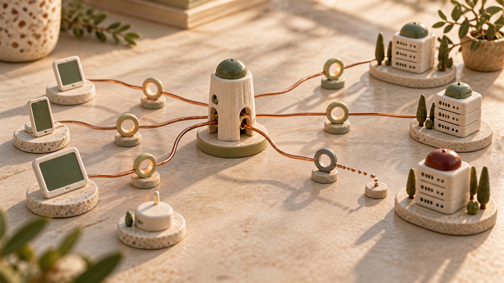 Sunlit ceramic Internet network with copper routes passing through connection-lifecycle checkpoints