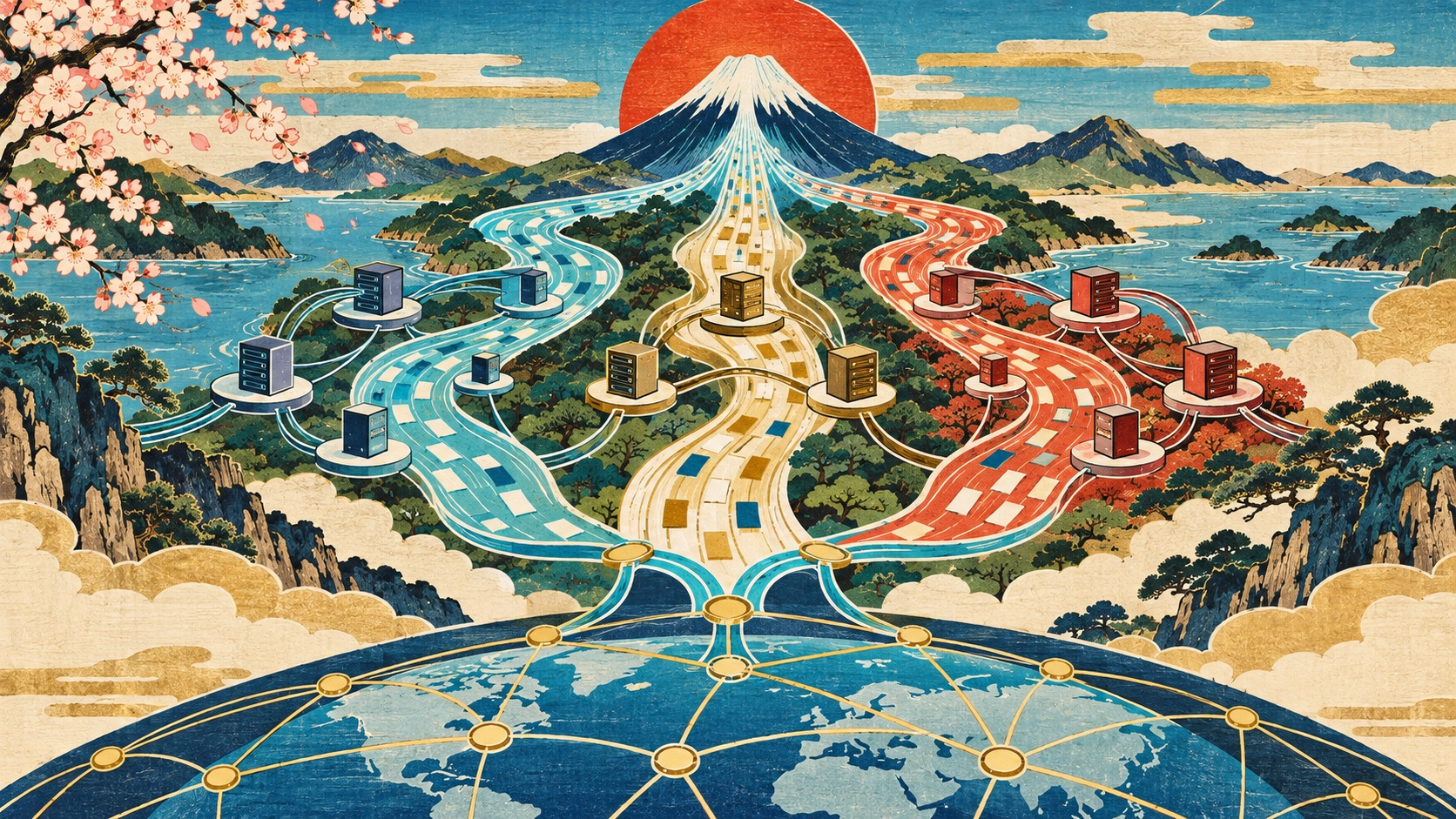 Woodblock Internet data river divided into three maintained proxy software branches