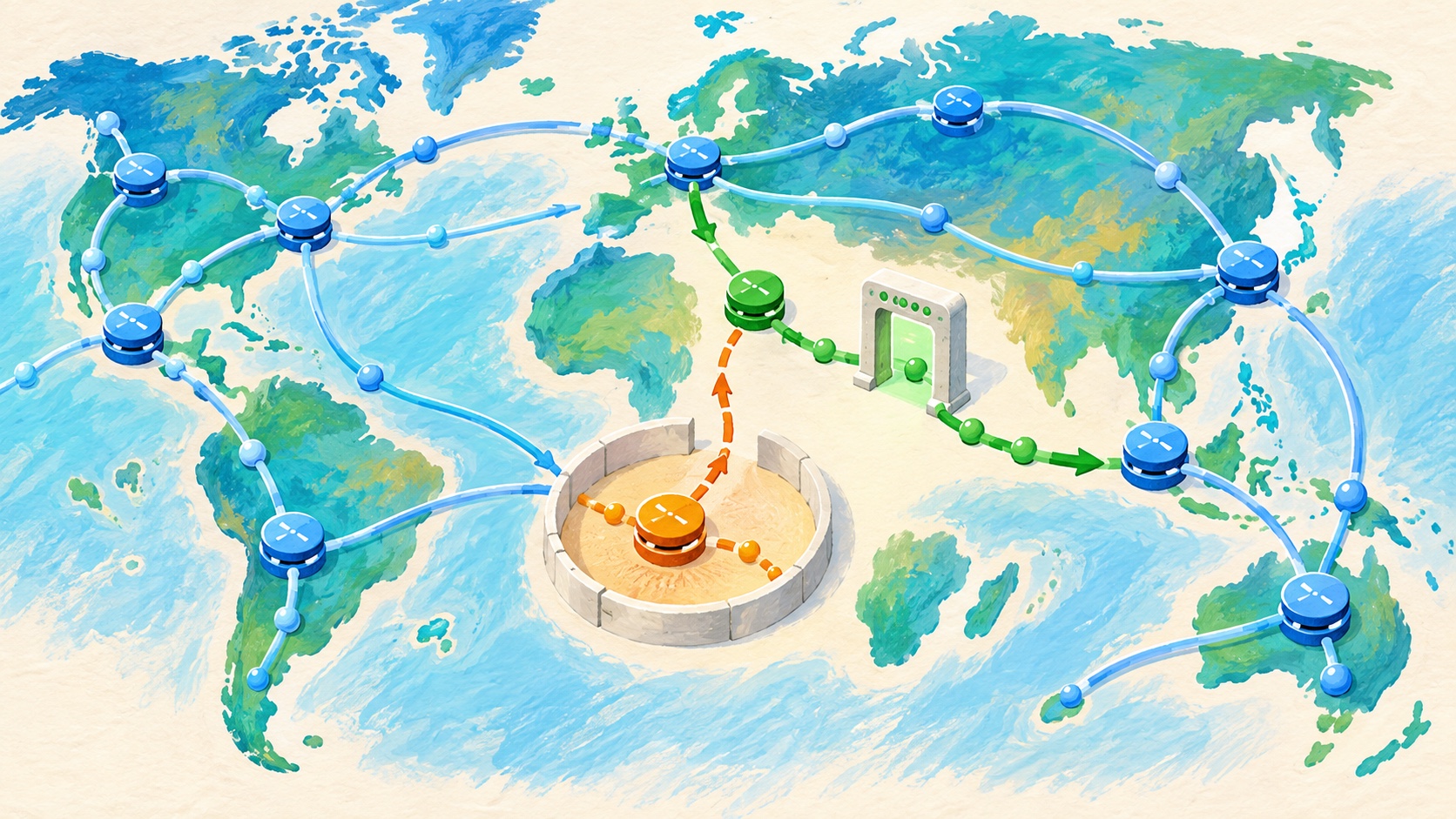 A bright painted global internet map separates one unreliable proxy gateway and returns it through a controlled verification path