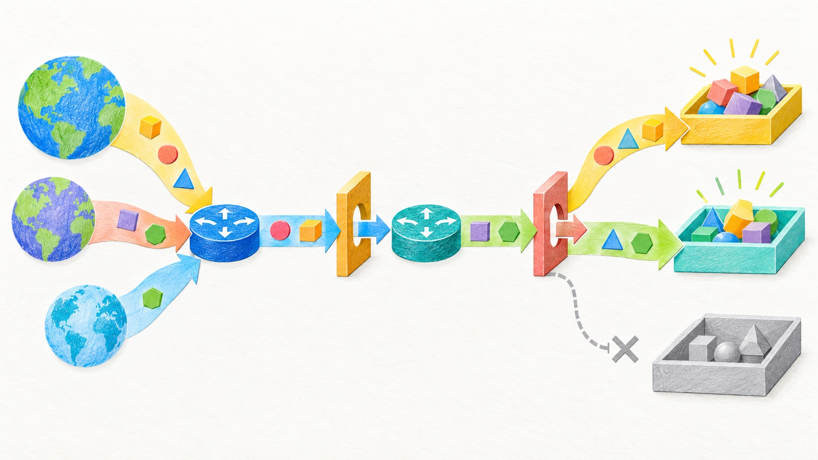 A bright colored-pencil internet testing pipeline routes verified artifacts through separate cache-access gates