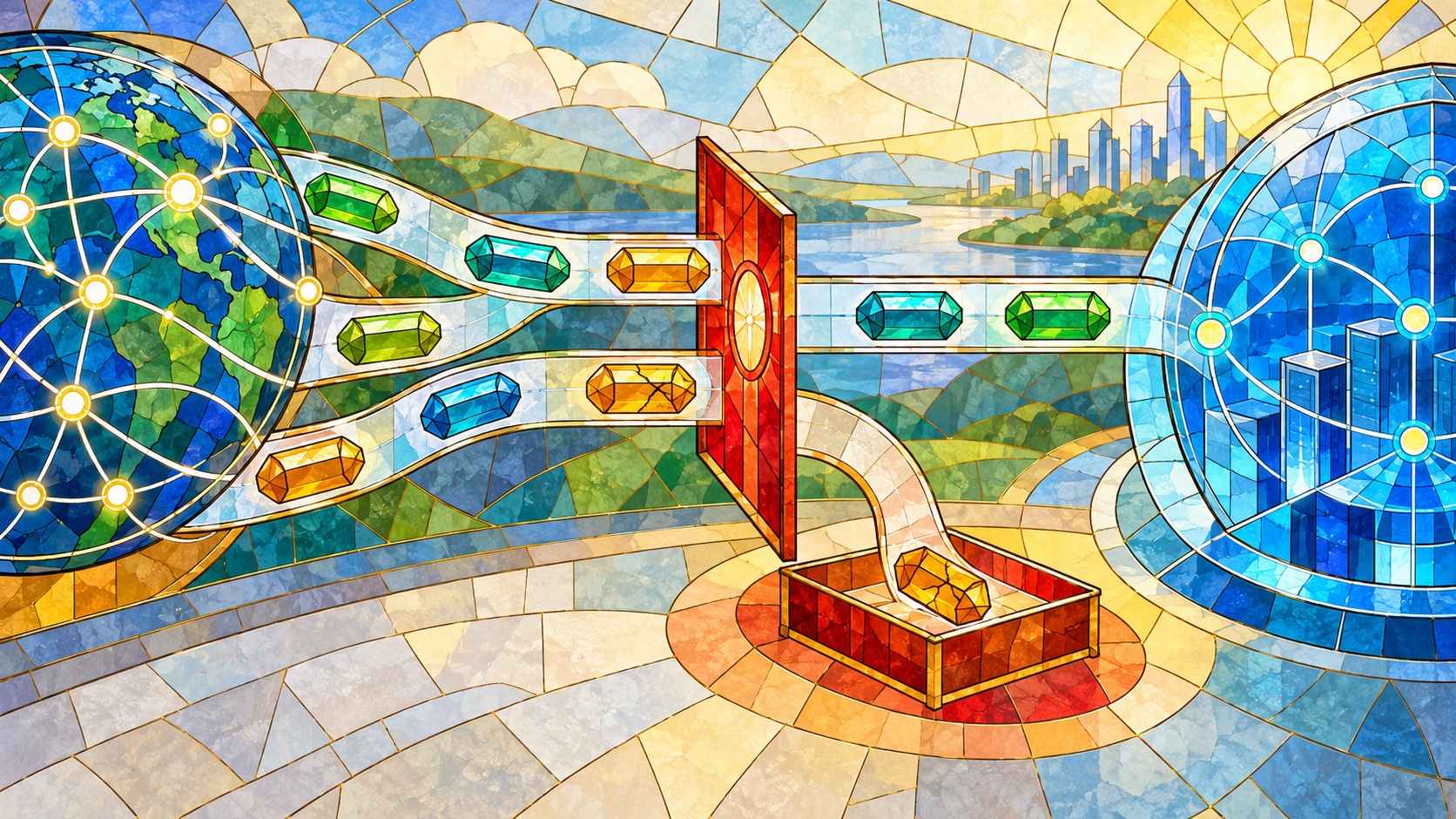 A bright stained-glass global internet pipeline diverts one damaged credential capsule before it reaches a protected network