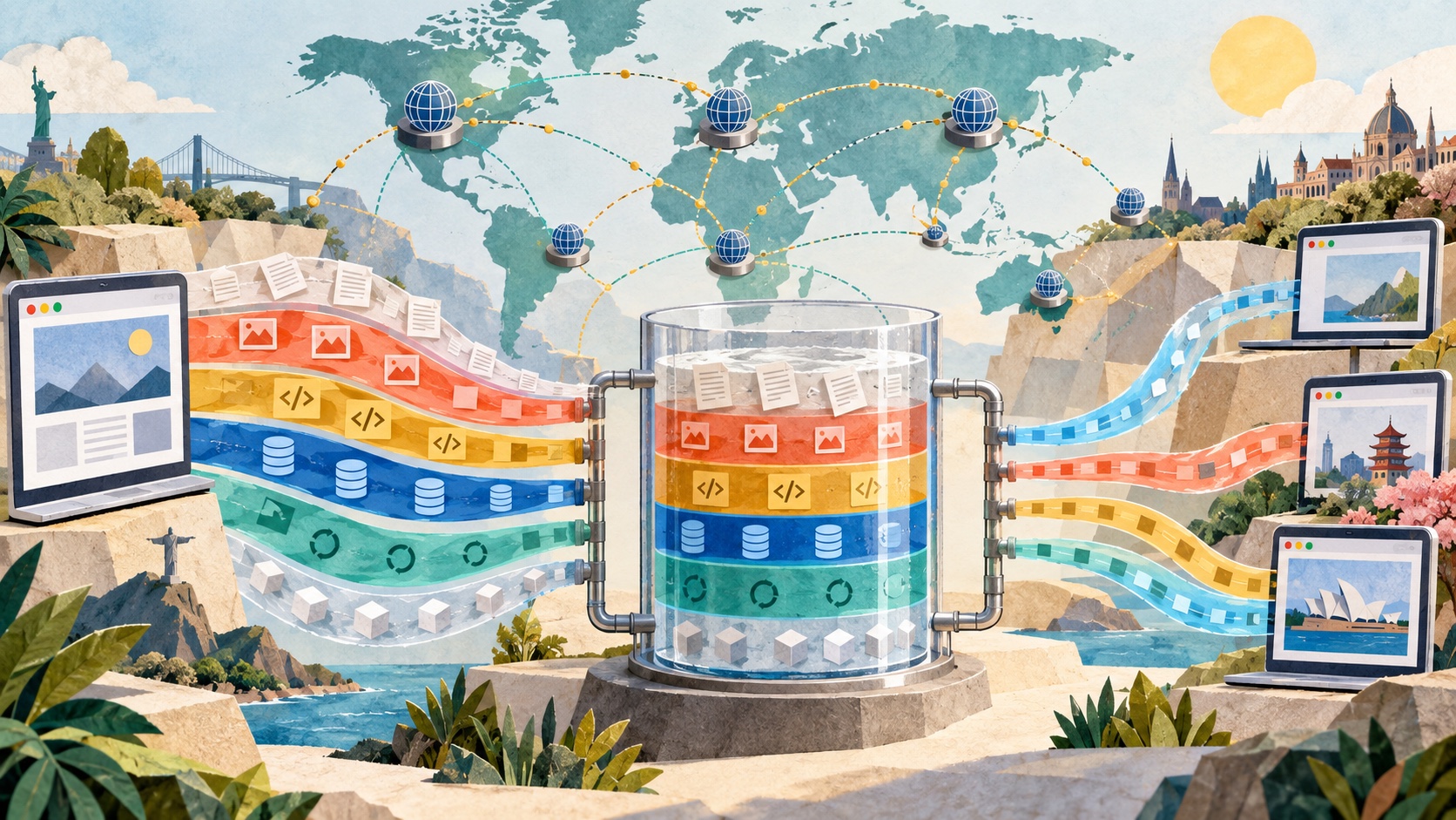 A bright mixed-media world internet network sends distinct browser data streams through a transparent measurement reservoir