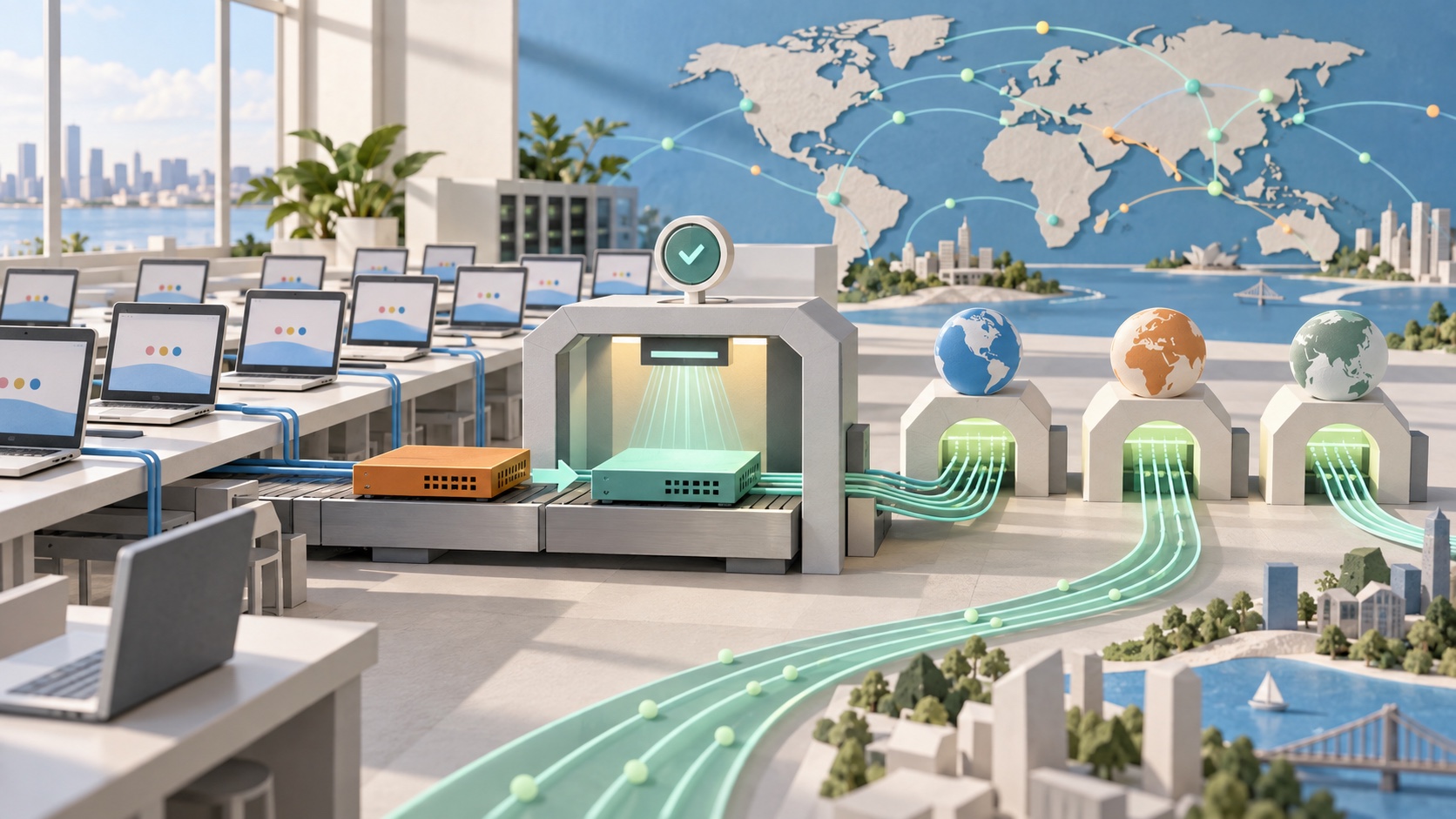 A daylight paper-model operations lab stages a network module update before browser terminals reconnect through global proxy gateways