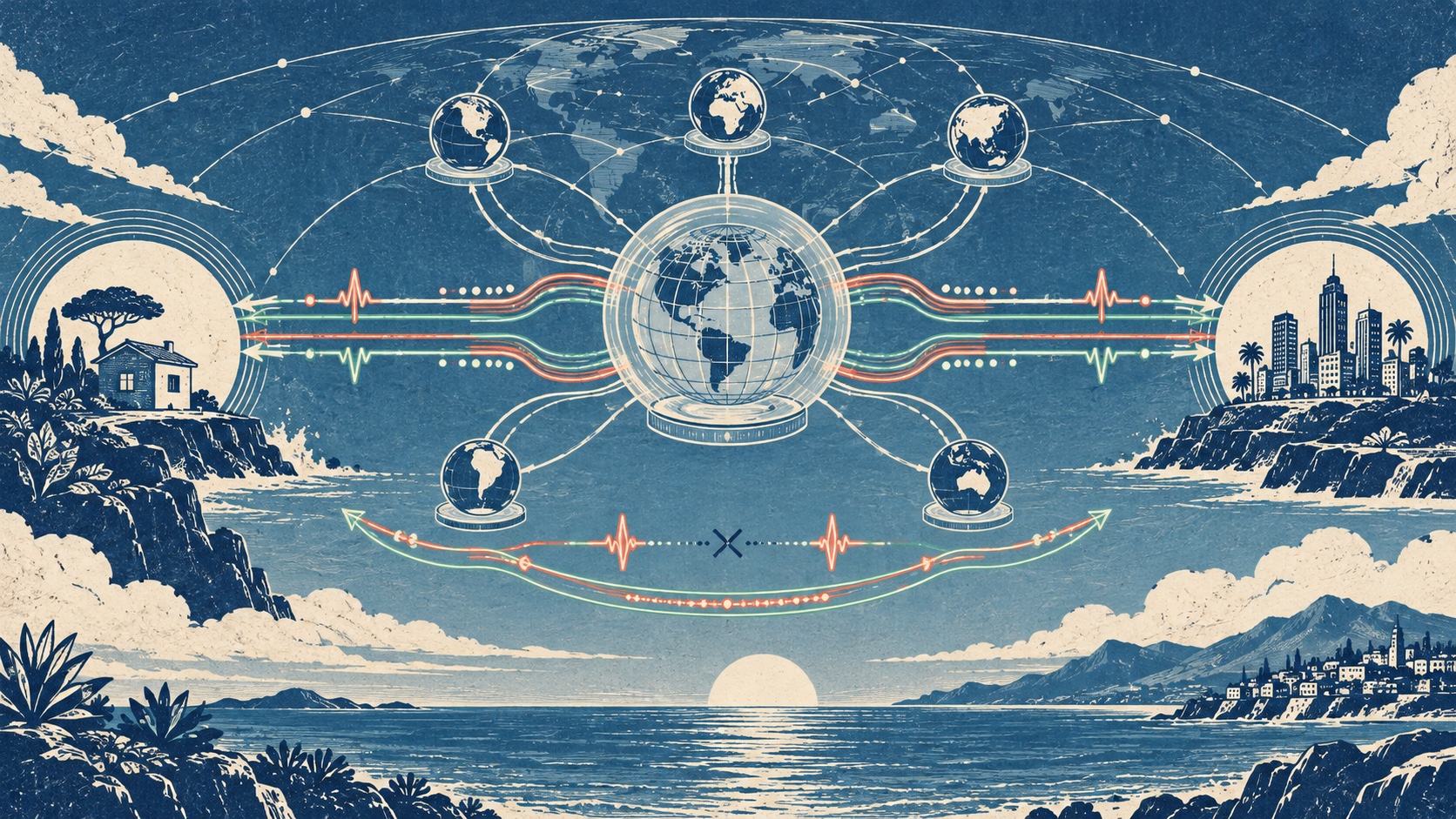 A cyanotype global internet observatory carries paired heartbeat streams through a central proxy gateway with a controlled reconnection path