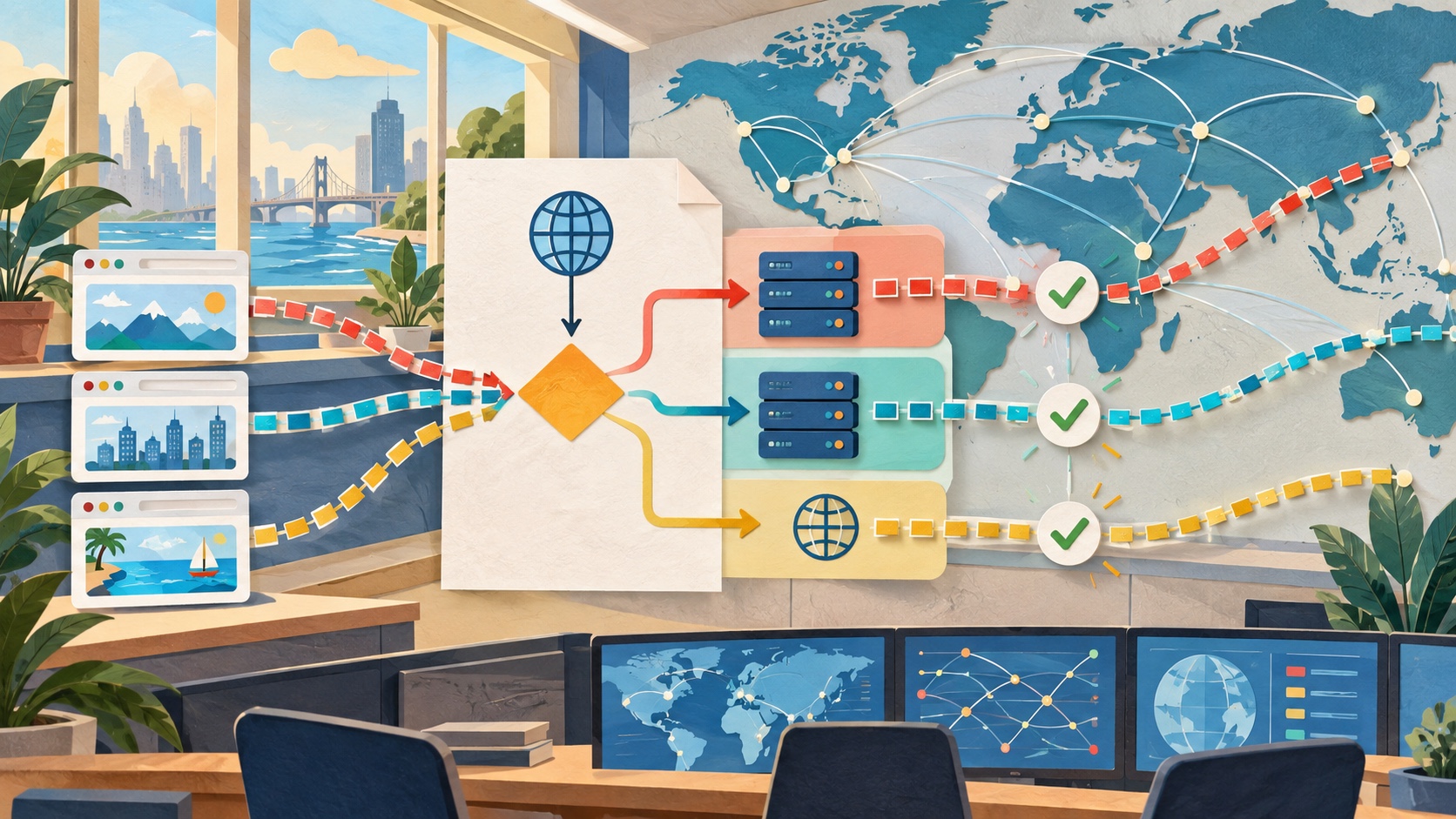 A bright cut-paper global internet routing studio tests primary, standby and gated direct paths