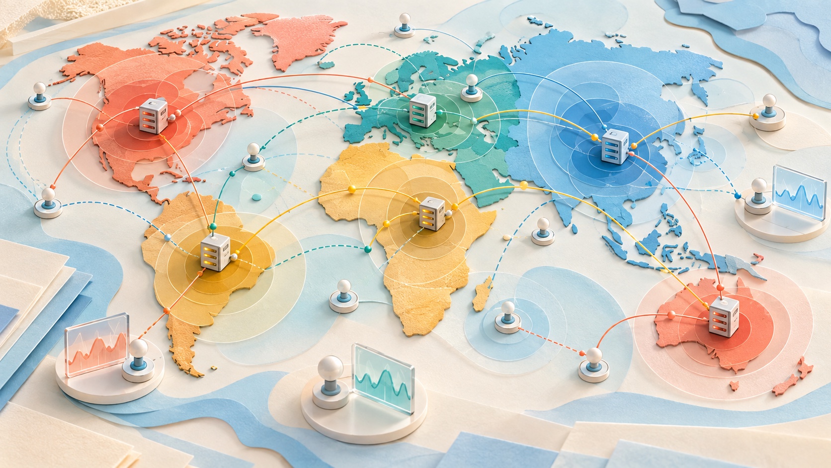 A bright global internet map laboratory comparing proxy exits across broad geographic confidence zones