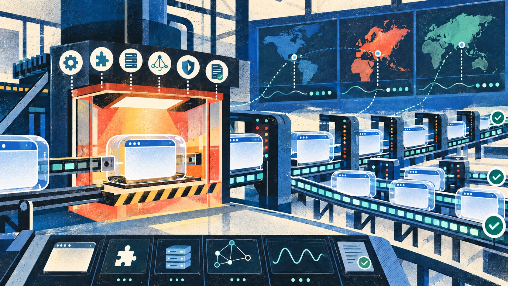 A new browser engine moving through a controlled internet proxy canary lane beside a stable automation fleet