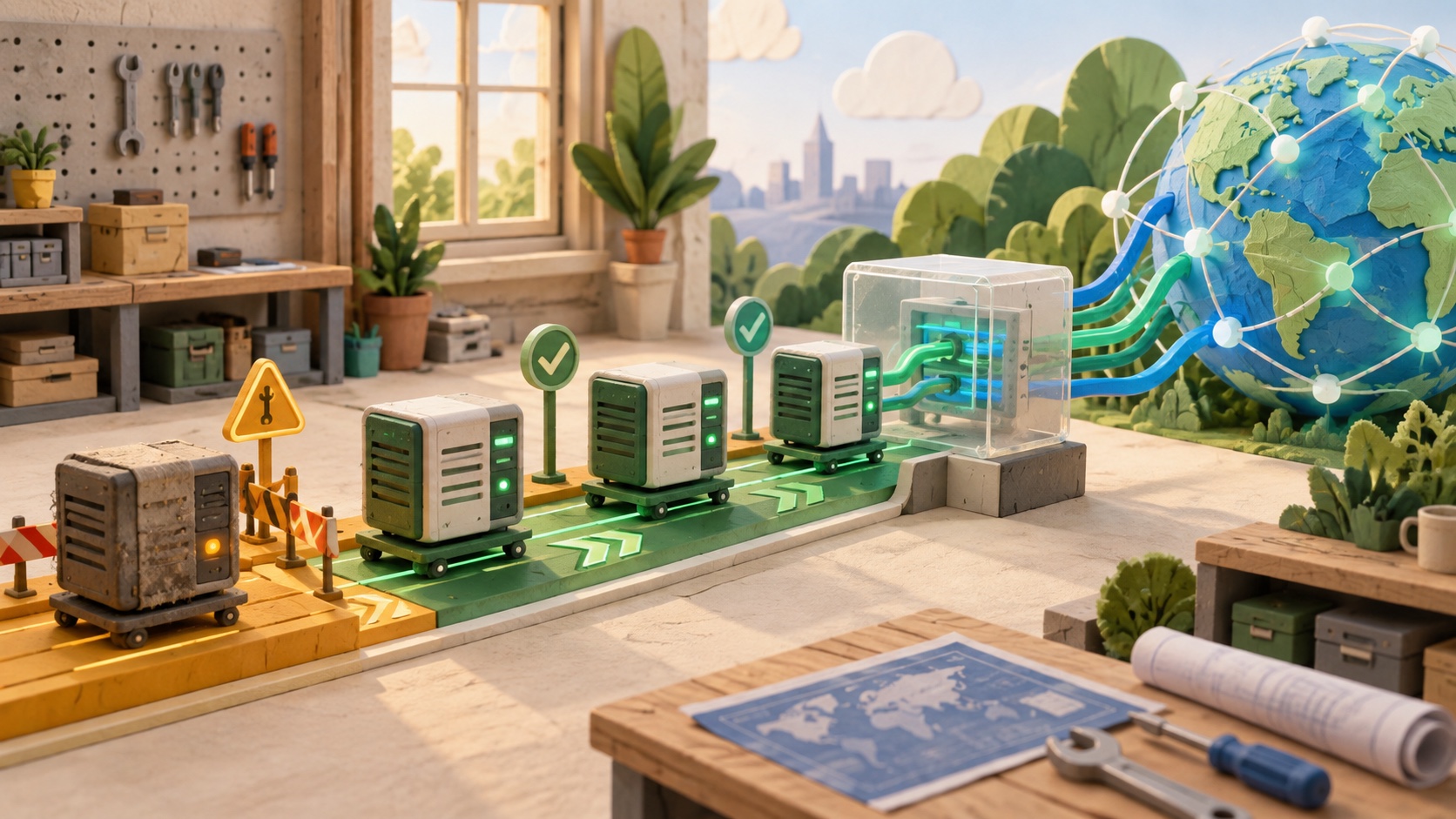 A calm internet operations workshop upgrades self-hosted runner nodes before a controlled service brownout