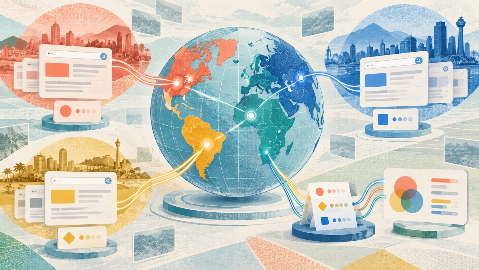 Global Internet routes compare abstract search experiences across several regional zones