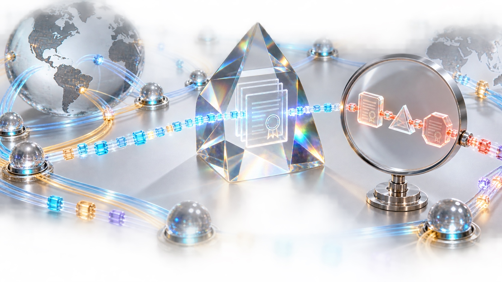 A glass certificate prism verifies packet paths across a bright global Internet network