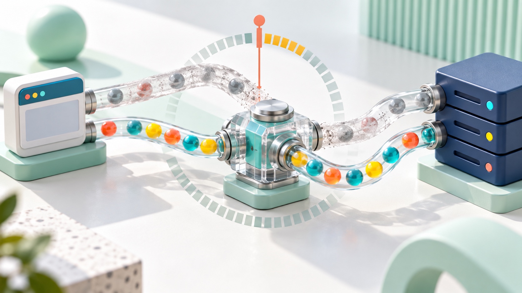 Bright data marbles move through fresh and aging Internet connection tubes around a proxy timing junction