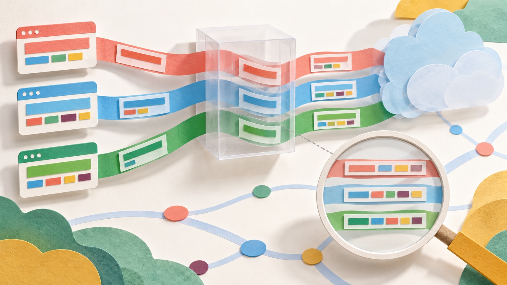 Abstract HTTP header ribbons remain intact while crossing three Internet browser routes and a proxy