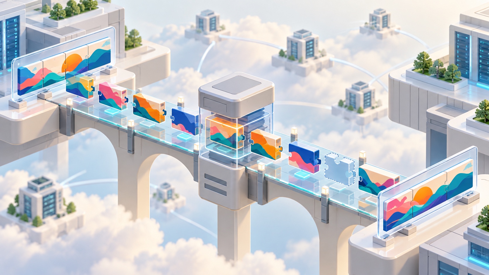 Colorful Internet file segments cross a proxy relay and reassemble exactly at the destination