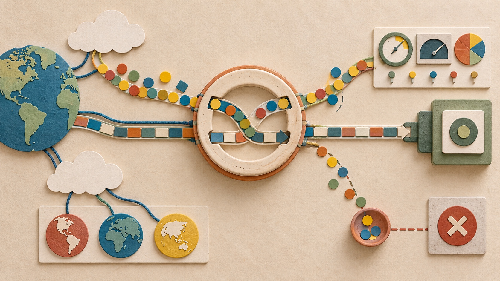 Colorful Internet datagrams and TCP tiles pass through a handcrafted SOCKS5 relay toward controlled test instruments