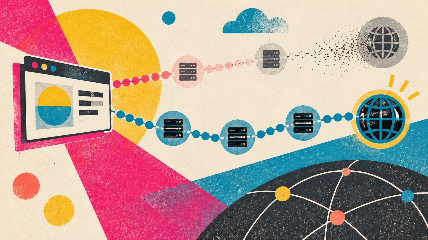 A colorful browser sends a fading status path and a successful active probe across Internet relay nodes