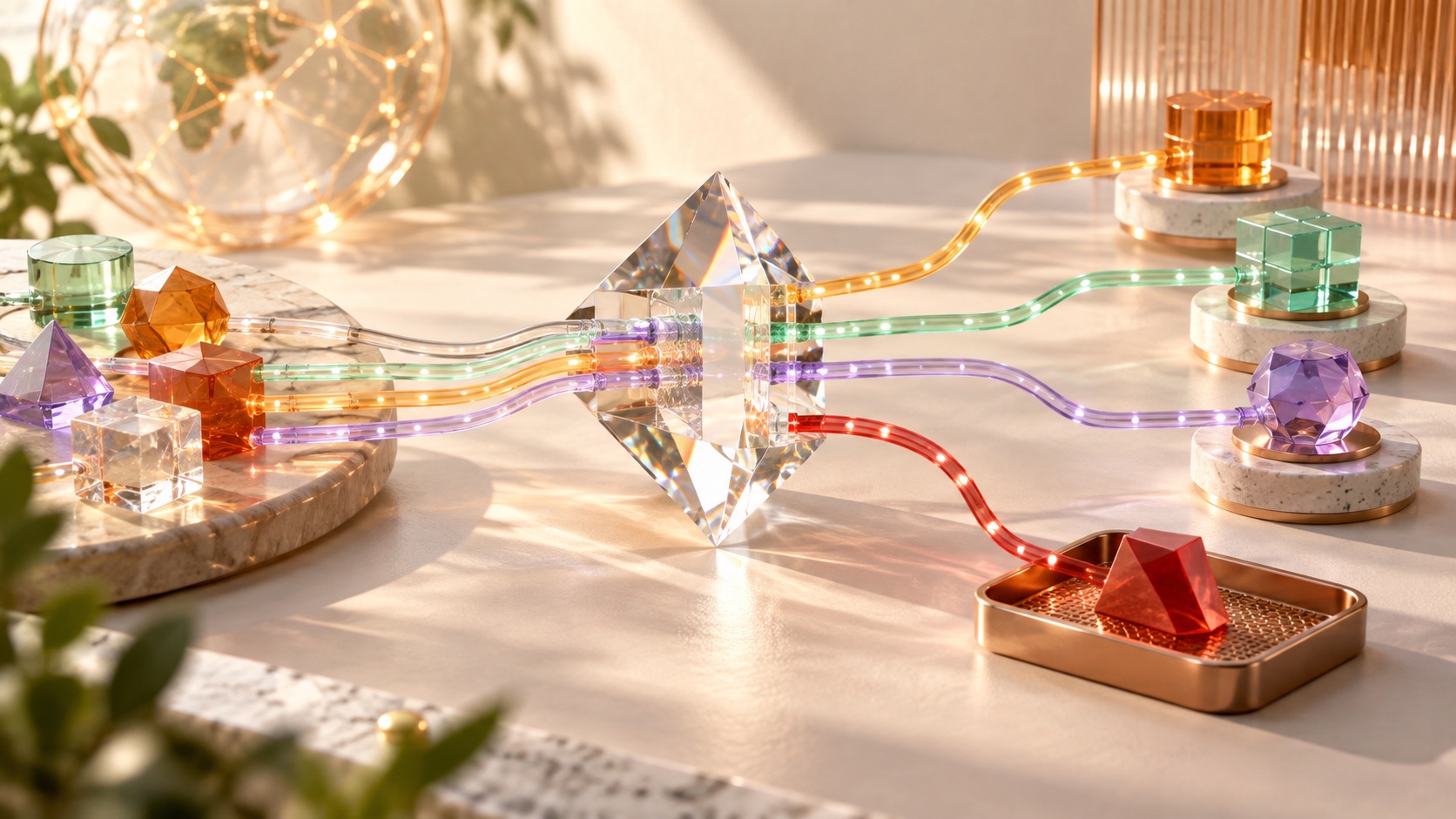 Sunlit glass Internet routes pass through a transparent compatibility gateway toward several controlled endpoints