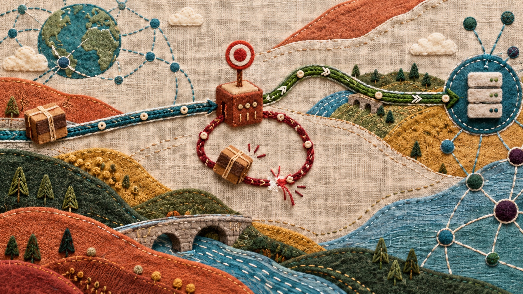 An embroidered Internet route carries a repository parcel through a proxy challenge loop where one thread breaks and an alternate path continues