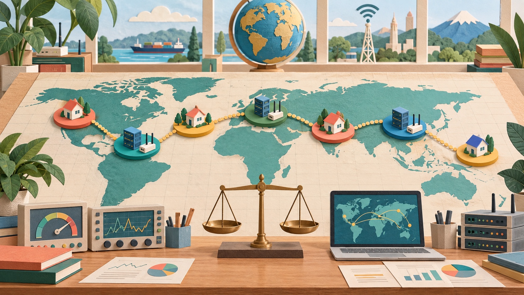 A bright paper-cut Internet operations workshop compares residential routes across a world map with measurement instruments and a balanced decision scale