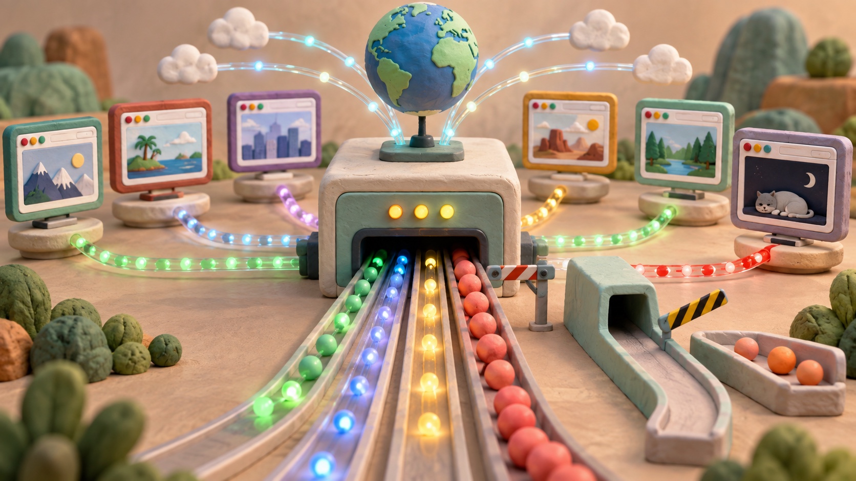 A clay Internet control room connects several browser targets to a central gateway while one sleeping target queues signals and an isolation lane remains available