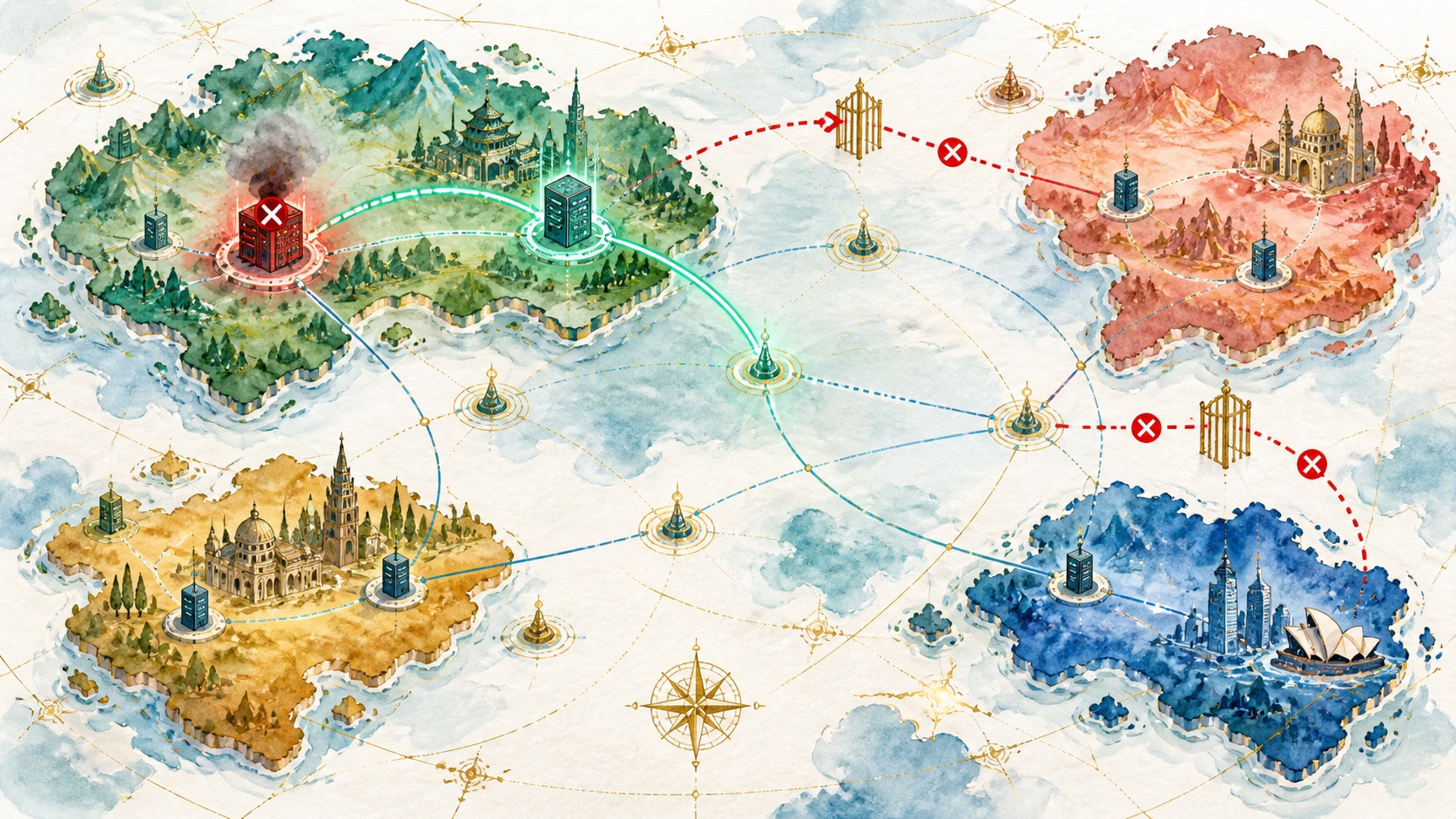 Watercolor Internet regions connect through controlled primary and standby proxy gateways