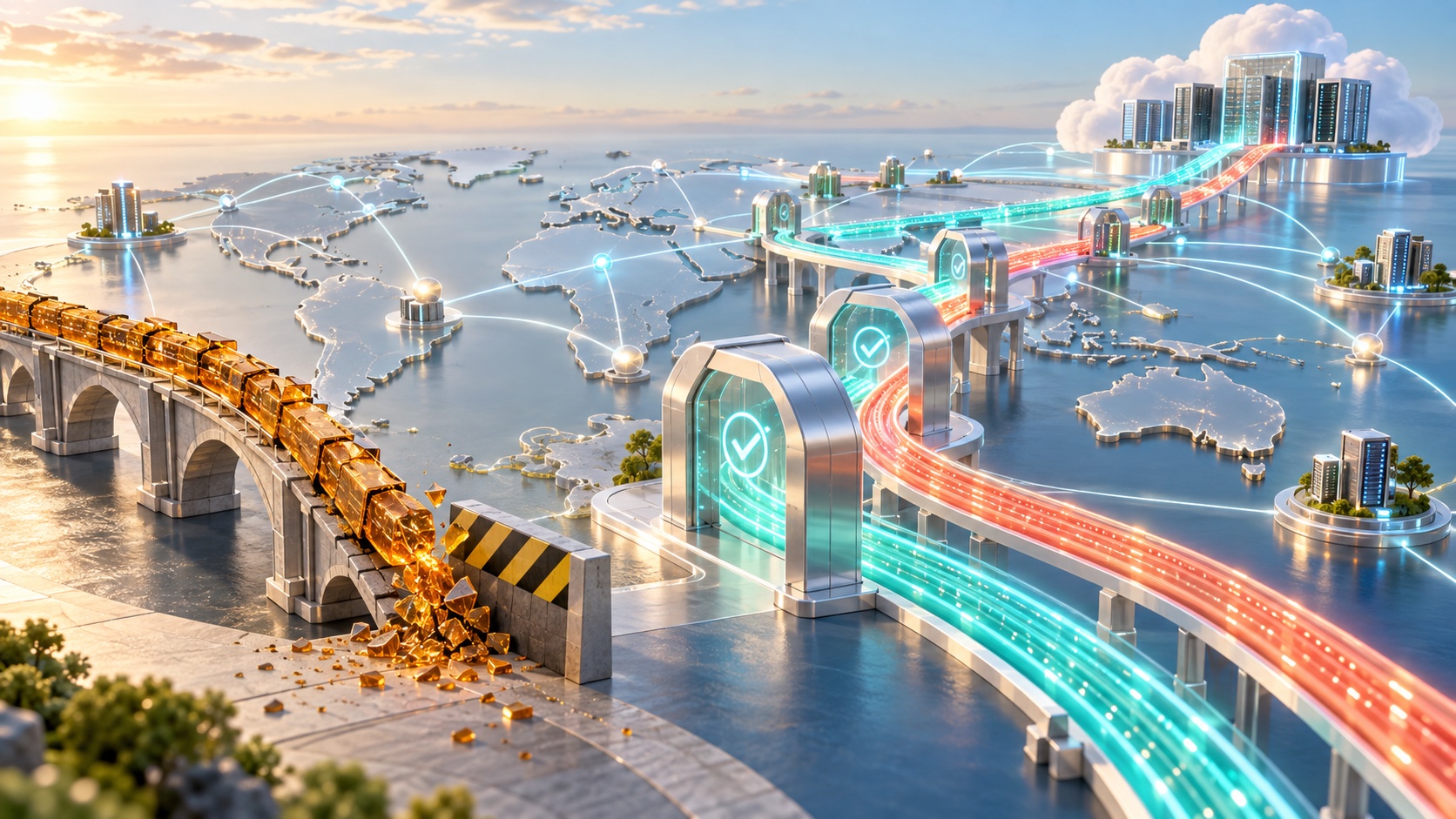 Global Internet routes pass through modern encrypted proxy gateways while a legacy cryptographic path is safely retired