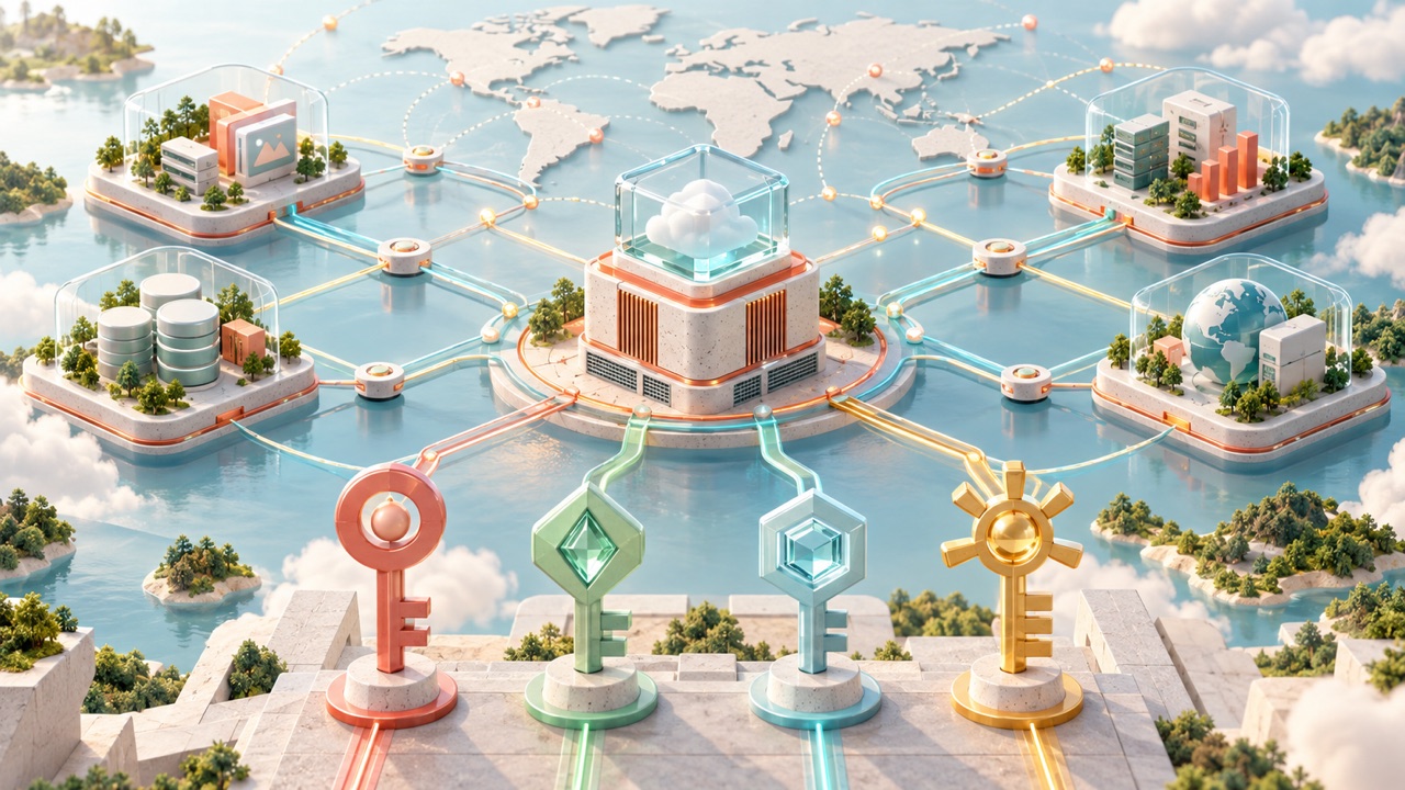 Four permission keys connect to isolated Internet edge services around a central compute node