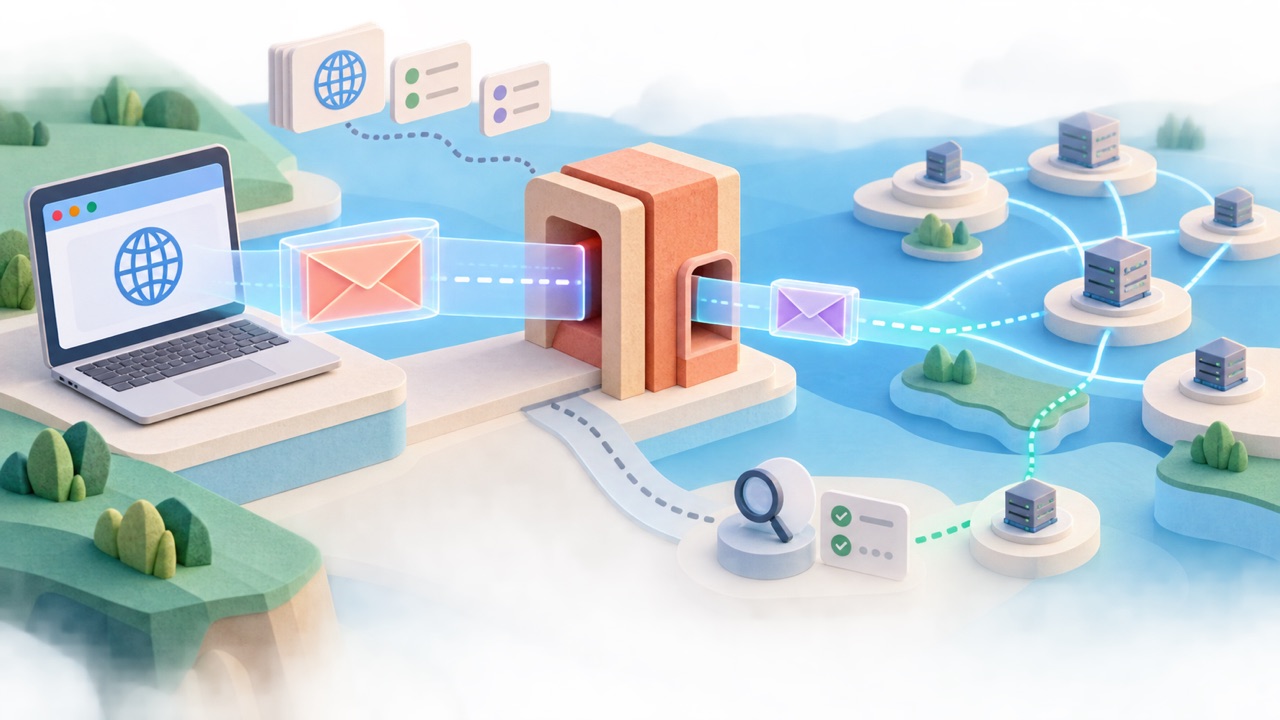 A sealed inner Internet envelope travels inside a transparent outer envelope through an authorized proxy gateway toward distributed edge servers