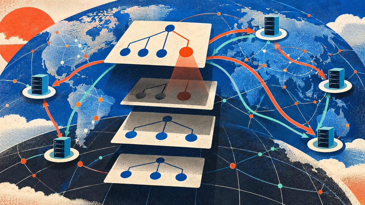 Layered authoritative DNS zones cast a visible delegation shadow while proxy routes follow the true Internet path