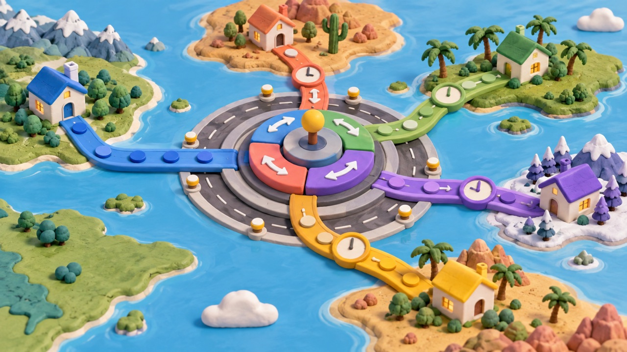 A clay Internet routing carousel directs stable and rotating residential proxy paths toward regional endpoints