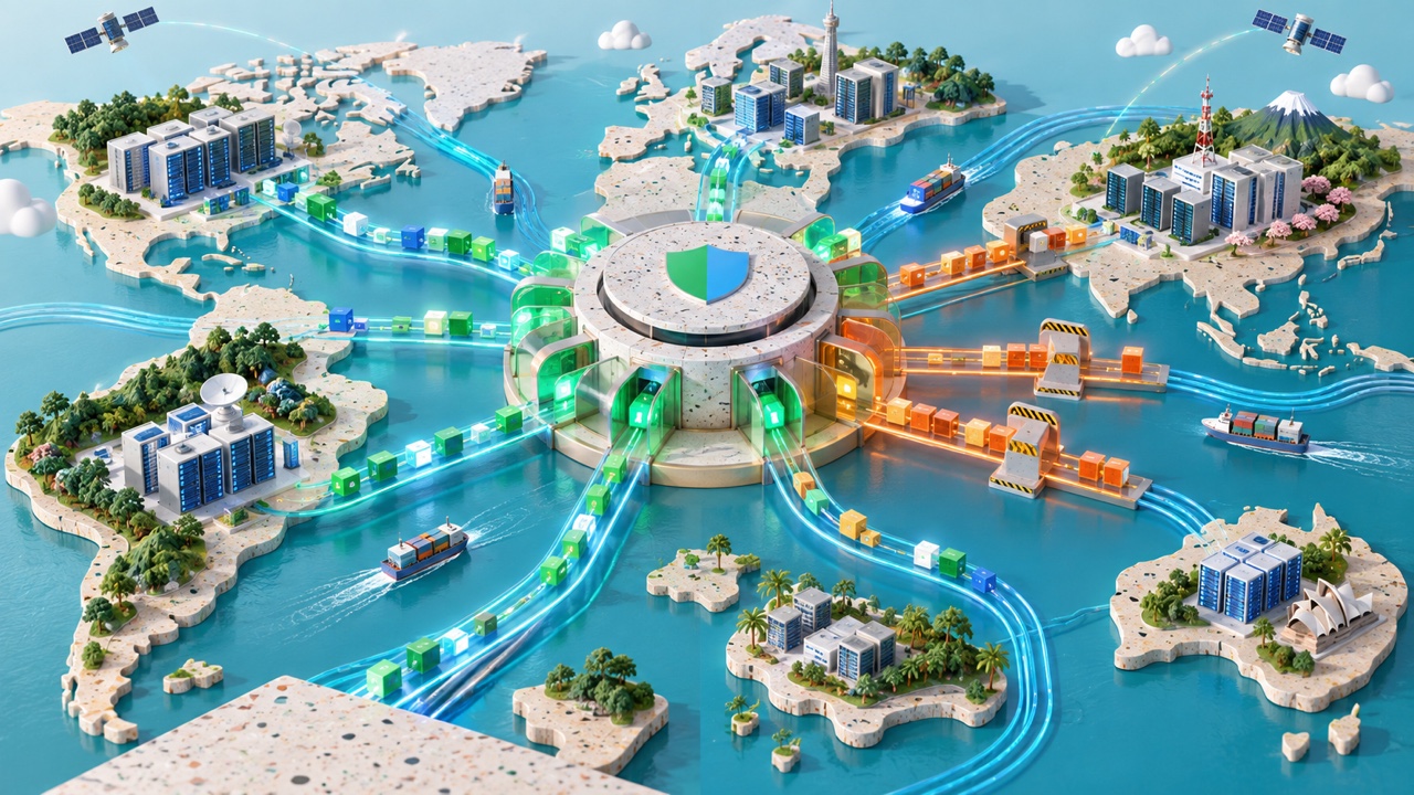 A bright global Internet workflow hub separates trusted automation routes from requests awaiting review