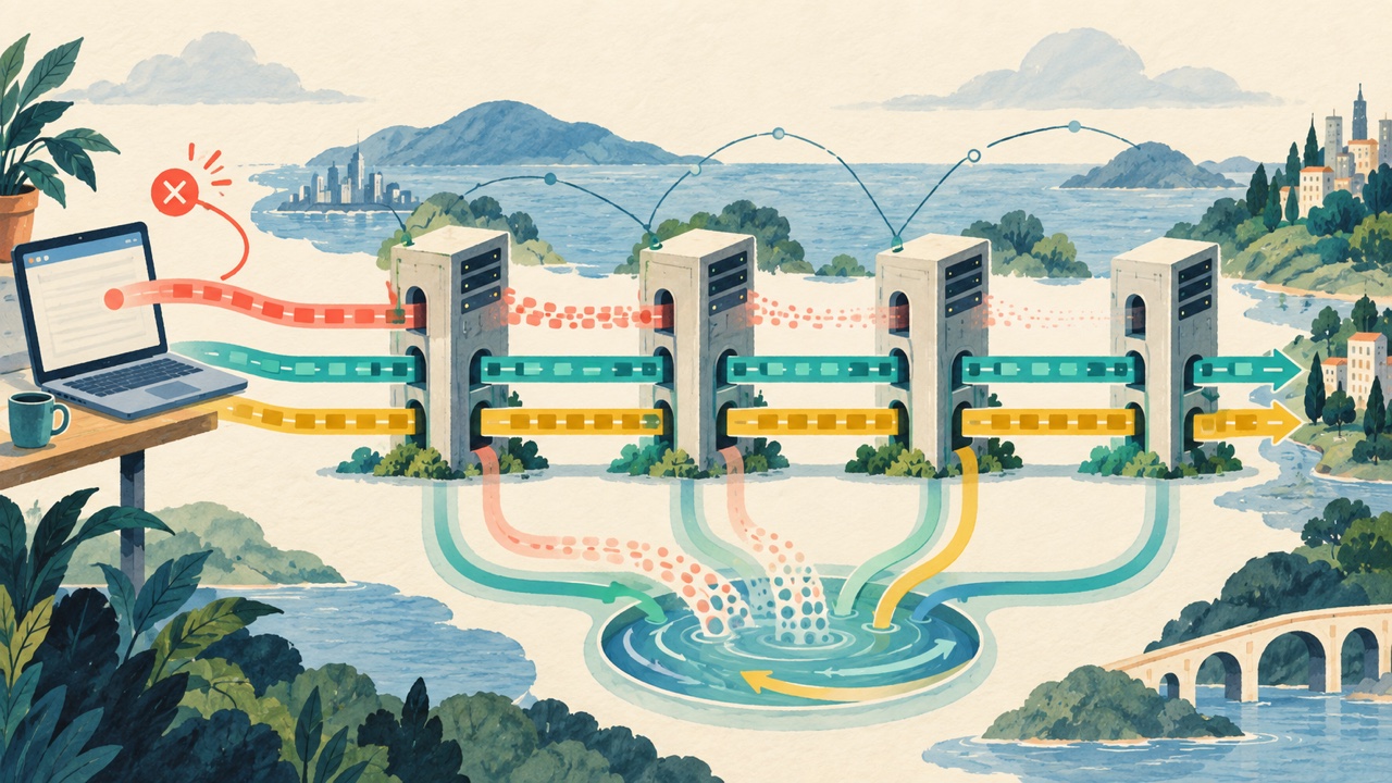 Internet request lanes pass through proxy relays while one cancelled stream fades cleanly and releases shared capacity