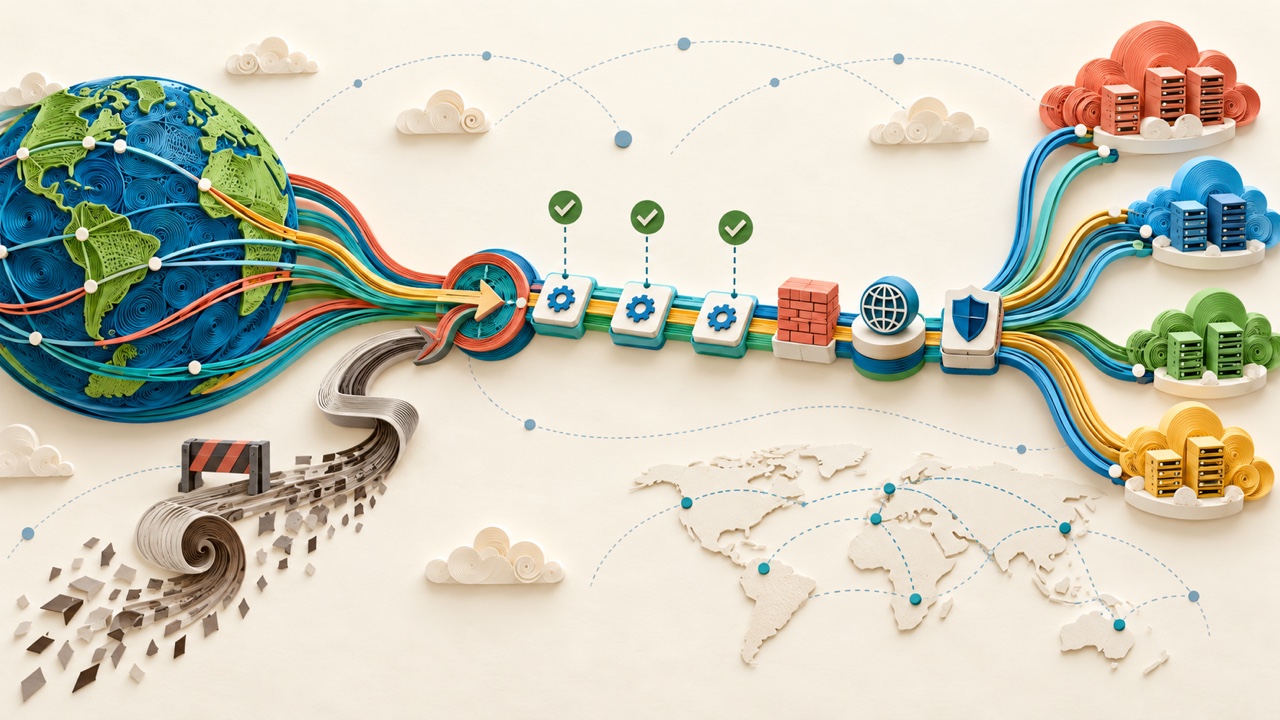 Paper-crafted Internet routes move through automated CI checks, a proxy gateway and distributed cloud endpoints