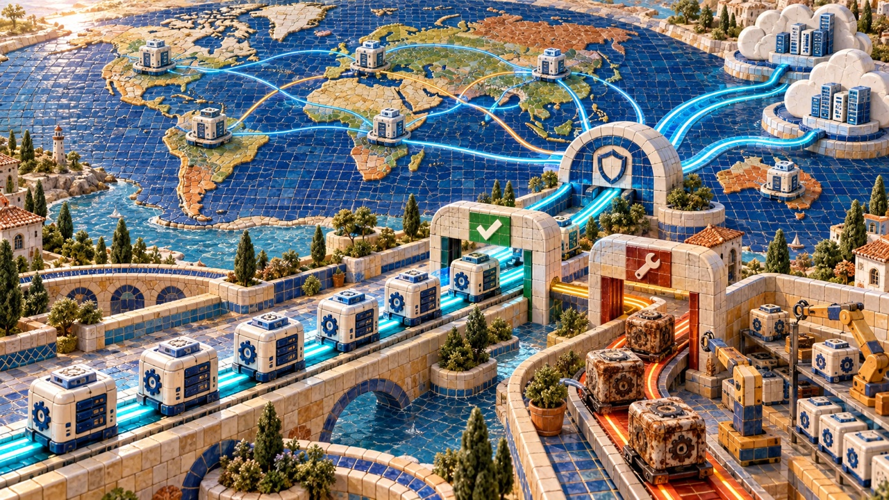 Ceramic mosaic Internet fleet routes current CI runners through a proxy gateway while outdated modules enter an upgrade lane