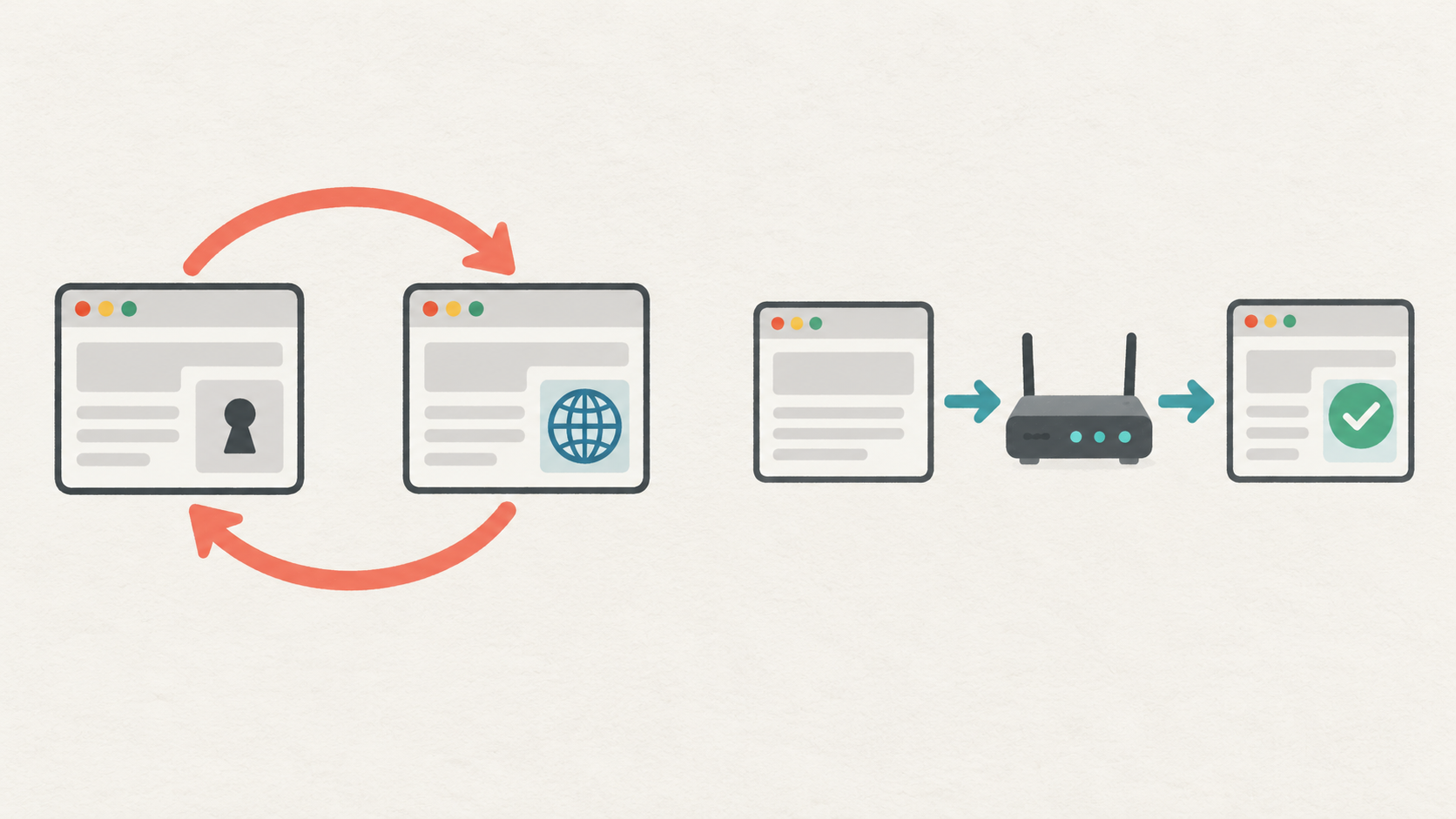 Two browser page panels connected by a repeated redirect path beside a separate normal request path