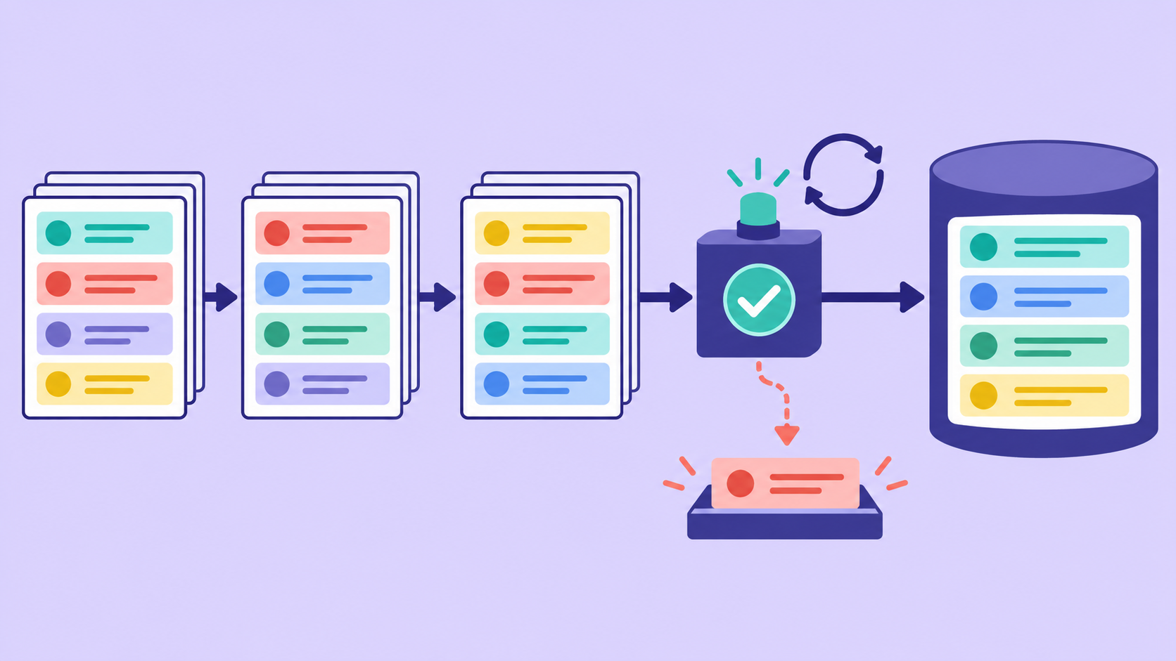 Three paginated record batches pass through a checkpoint into a validated dataset; one repeated record is separated for review.