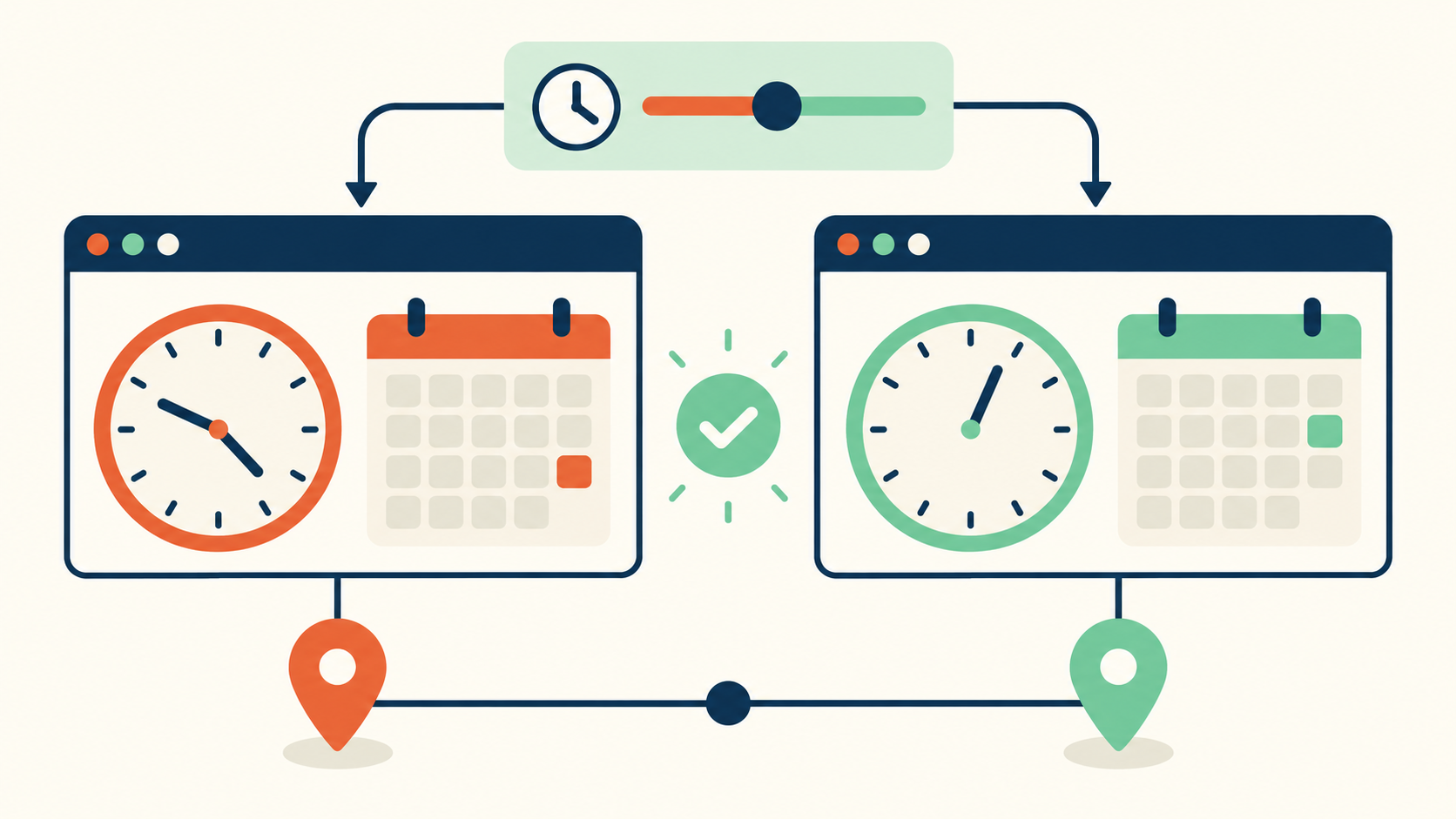 Two regional browser panels show different clock positions beside calendar cards, with a separate network-route control and a date-validation check.
